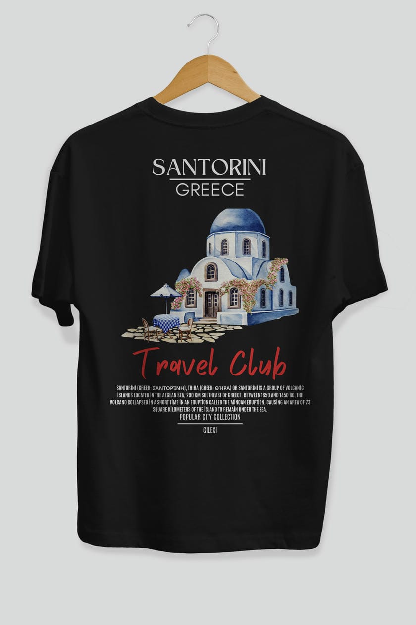 Santorini Greece Arka Baskılı Oversize t-shirt Erkek Kadın Pamuk Bisiklet Yaka tişort