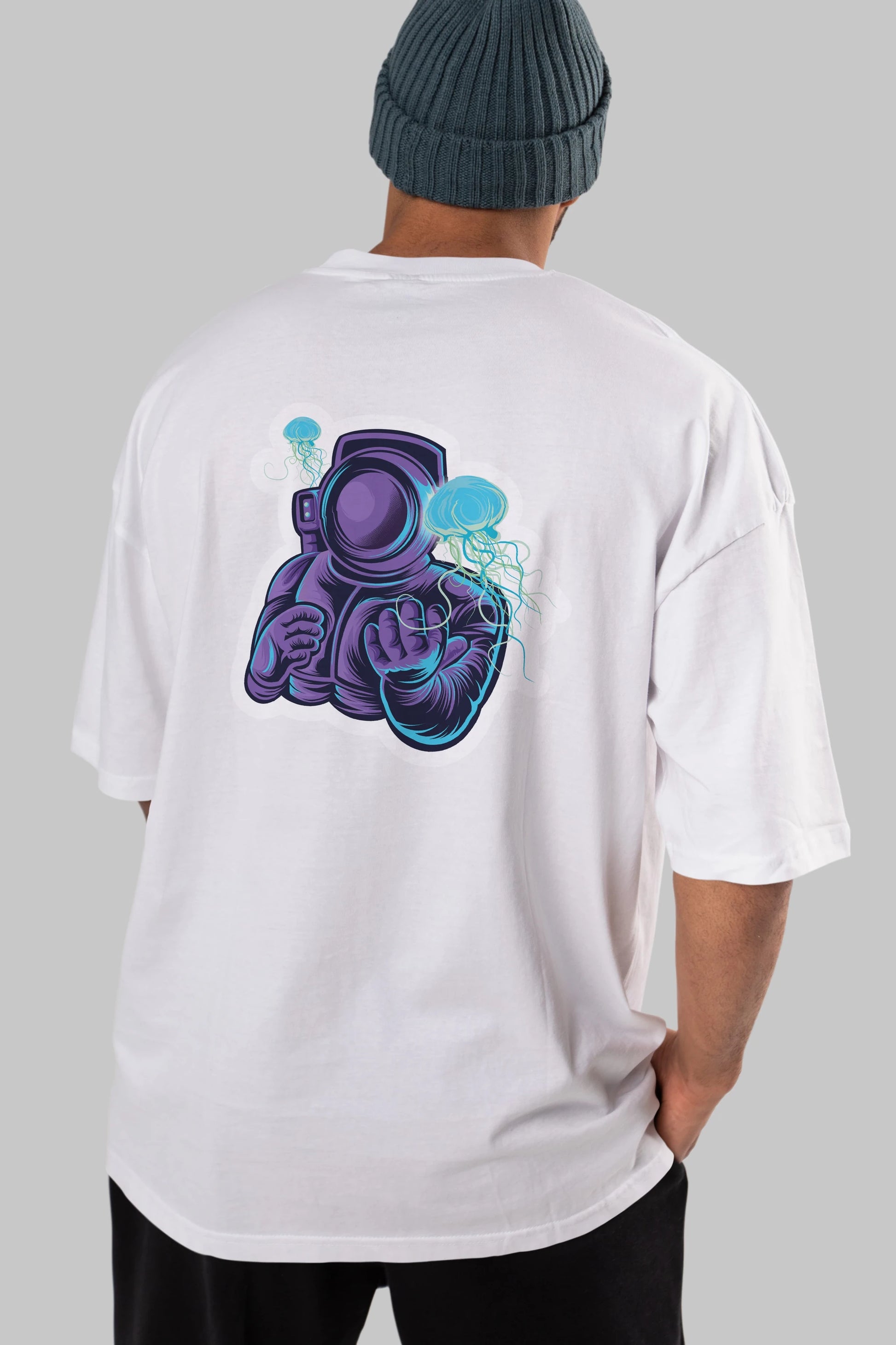 Astronaut and Jellyfish Sticker Arka Baskılı Oversize t-shirt Erkek Kadın Unisex
