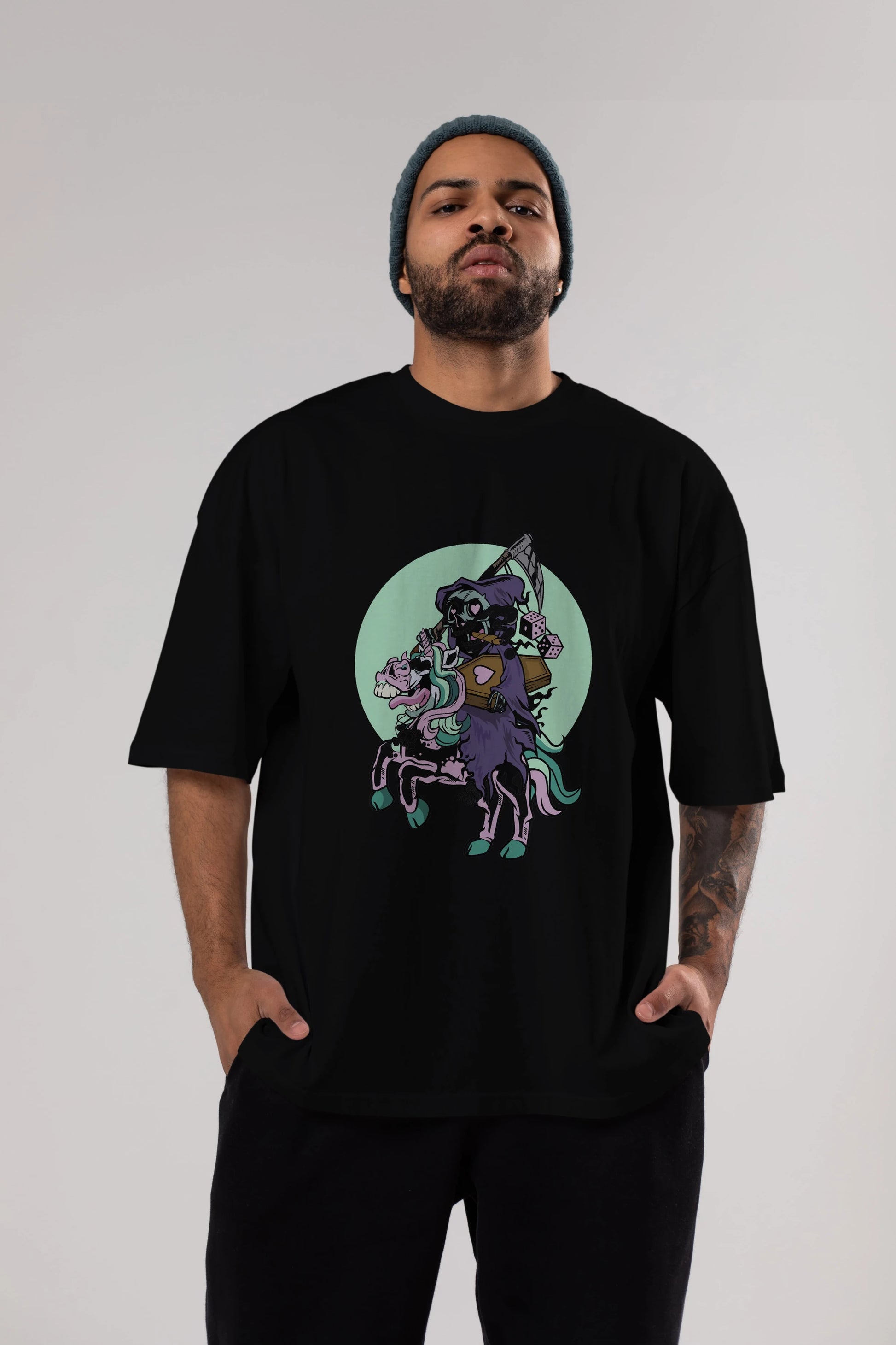 Grim Reaper Riding Unicorn Ön Baskılı Oversize t-shirt Erkek Kadın Unisex %100 Pamuk tişort