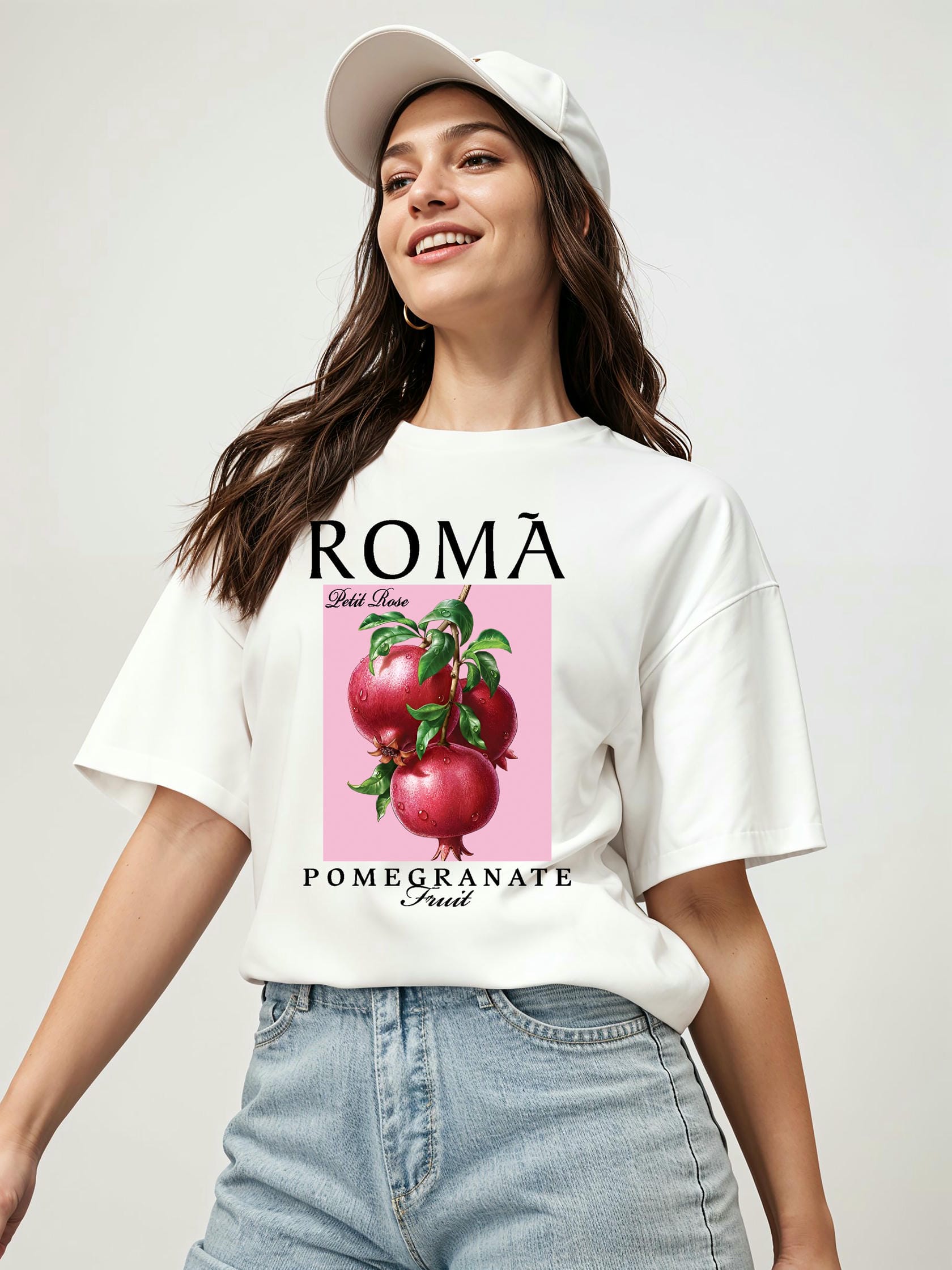 Roma Pomegranate Nar Ön Baskılı Oversize t-shirt Erkek Kadın Pamuk Bisiklet Yaka tişort