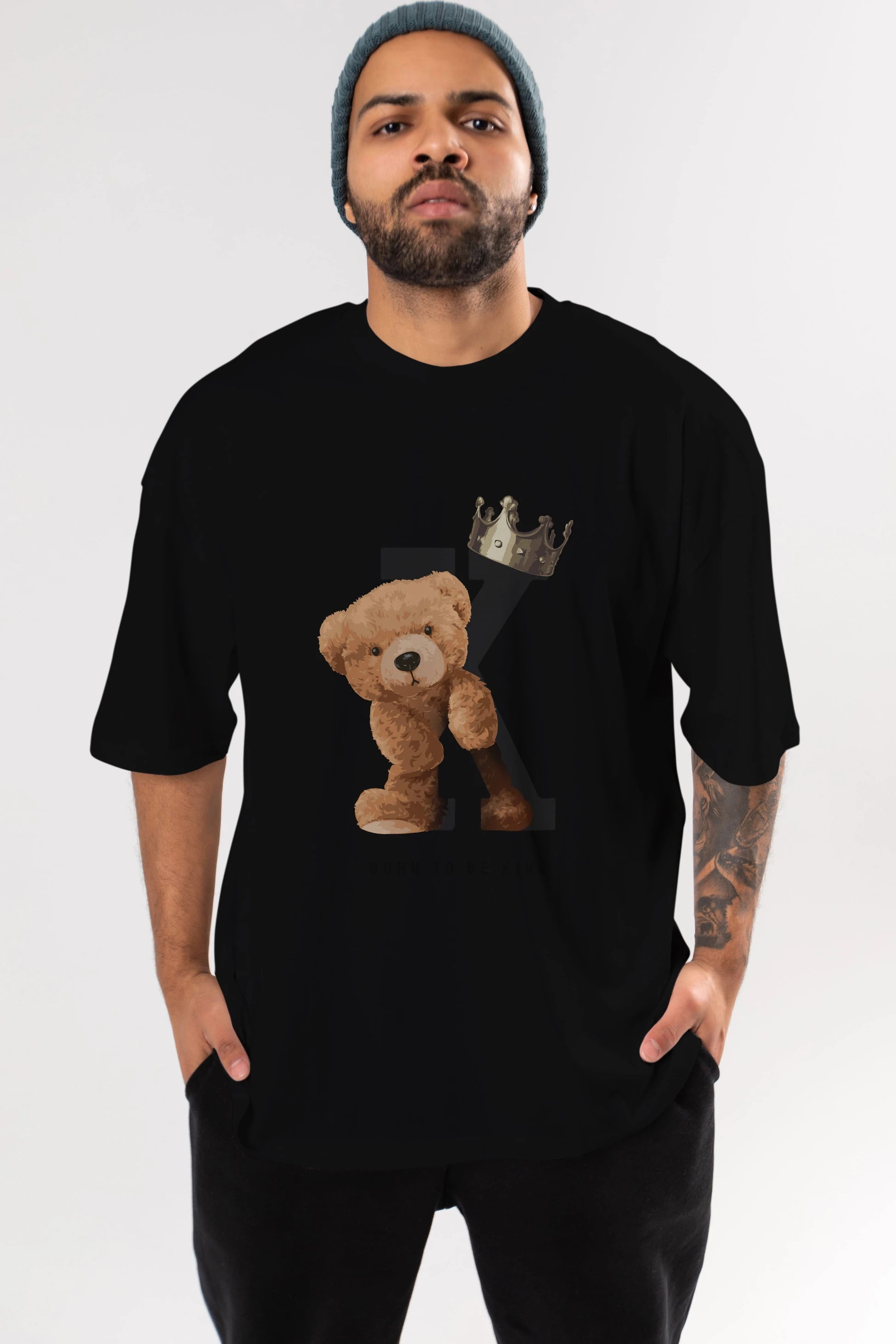 Teddy Bear Born To Be King Ön Baskılı Oversize t-shirt Erkek Kadın Unisex %100 Pamuk