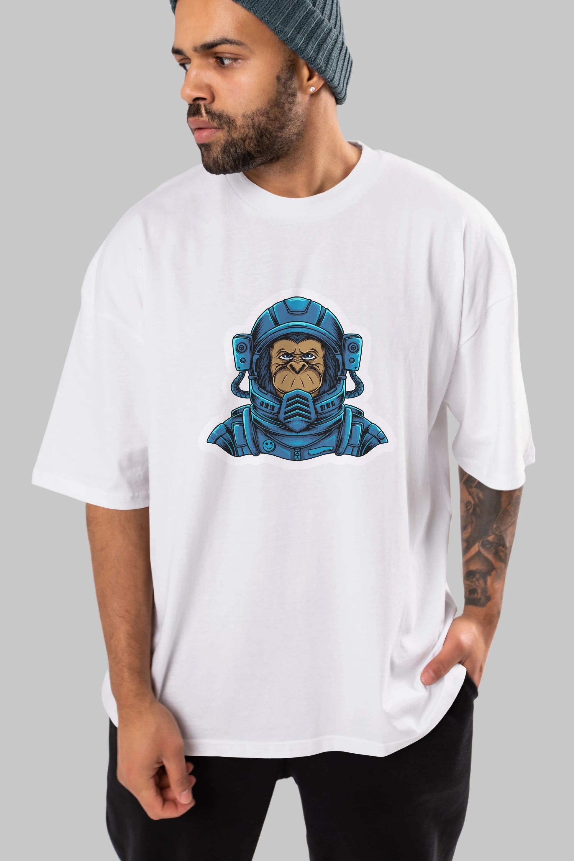 Astromonkey Sticker Ön Baskılı Oversize t-shirt Erkek Kadın Unisex