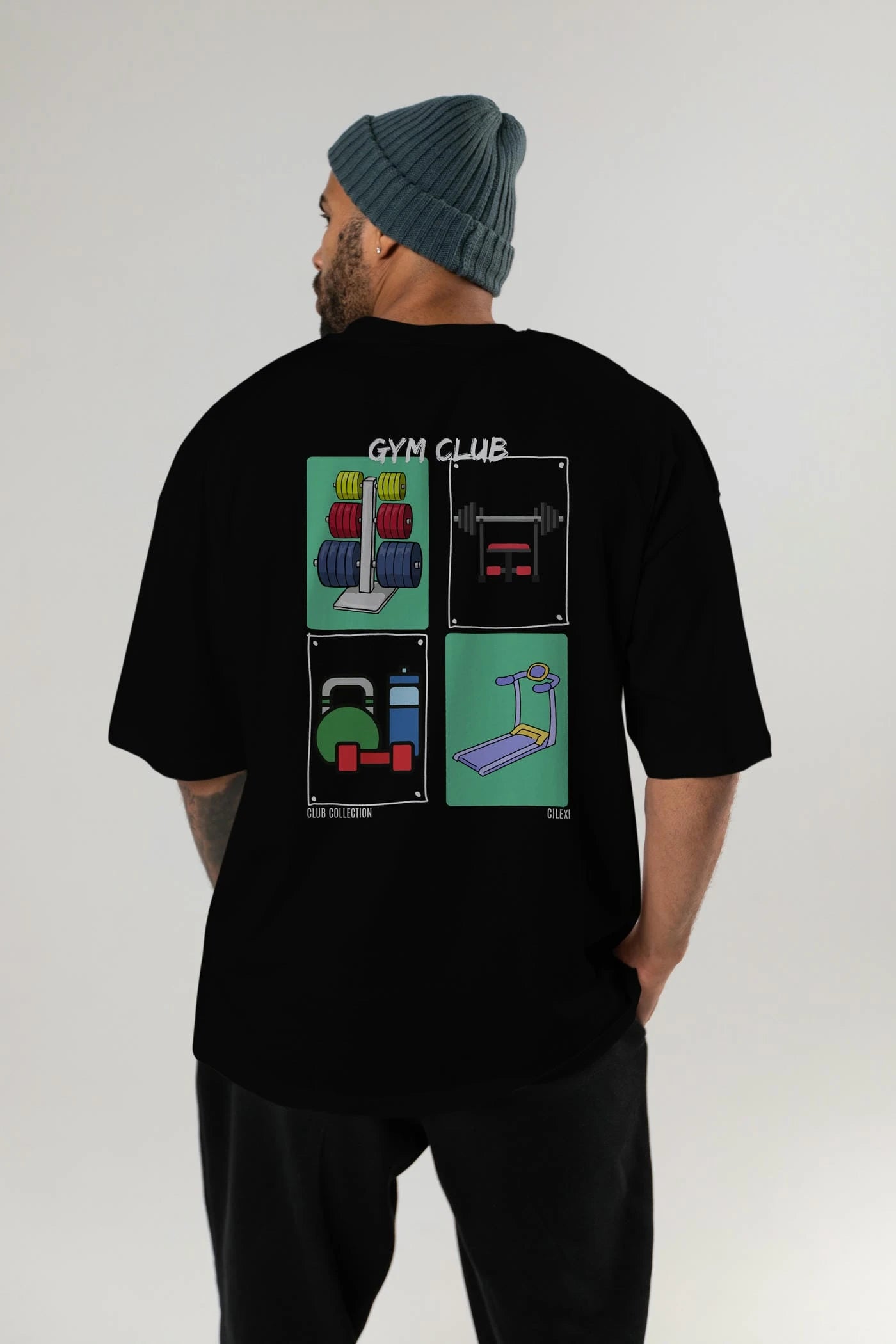 Gym Club Arka Baskılı Oversize t-shirt Erkek Kadın %100 Pamuk Bisiklet Yaka tişort