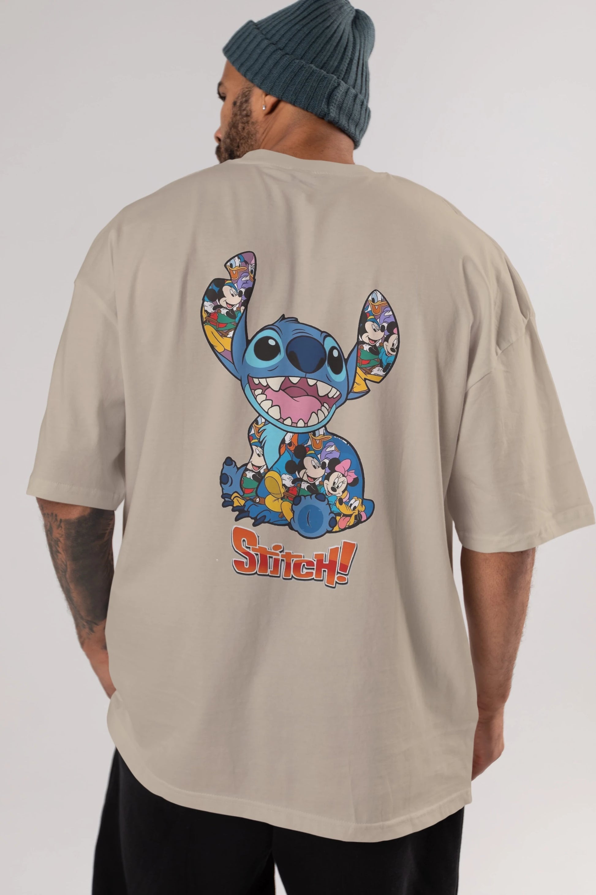 Stitch Arka Baskılı Oversize t-shirt Erkek Kadın Unisex %100 Pamuk Bisiklet Yaka tişort