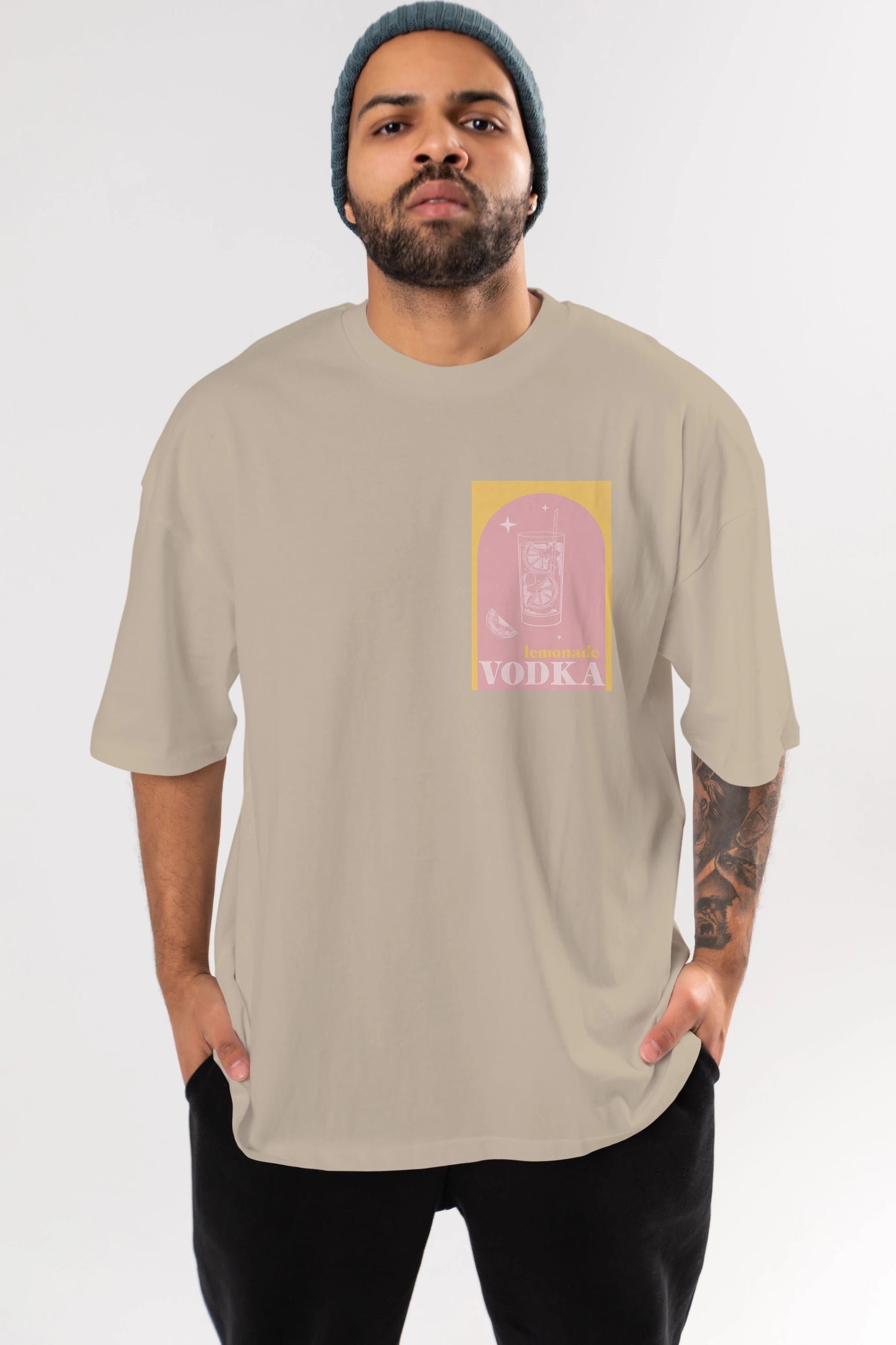 Vodka Limon Ön Sol Baskılı Oversize t-shirt Erkek Kadın Unisex %100 Pamuk Bisiklet Yaka tişort