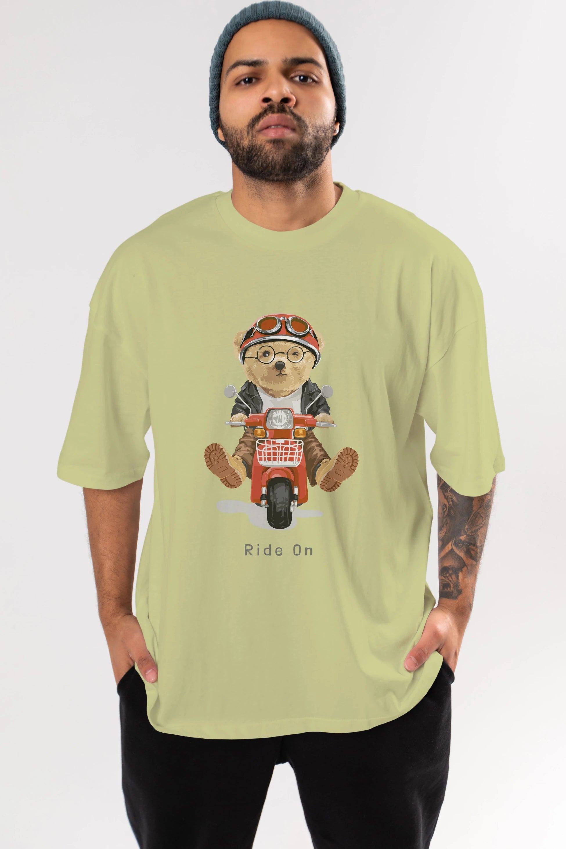 Teddy Bear Ride On Ön Baskılı Oversize t-shirt Erkek Kadın Unisex %100 Pamuk