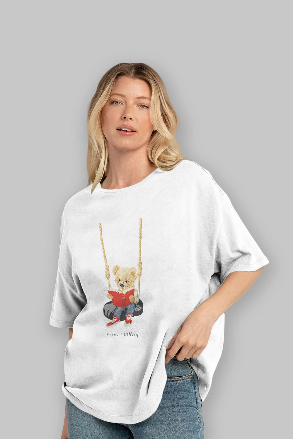 Teddy Bear Enjoy Reading Ön Baskılı Oversize t-shirt Erkek Kadın Unisex %100 Pamuk
