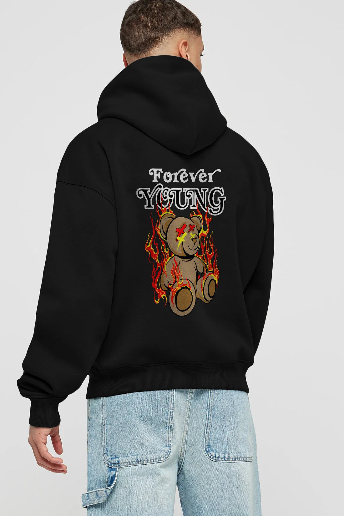 Forever Young Bear Arka Baskılı Hoodie Oversize Kapüşonlu Sweatshirt Erkek Kadın Unisex