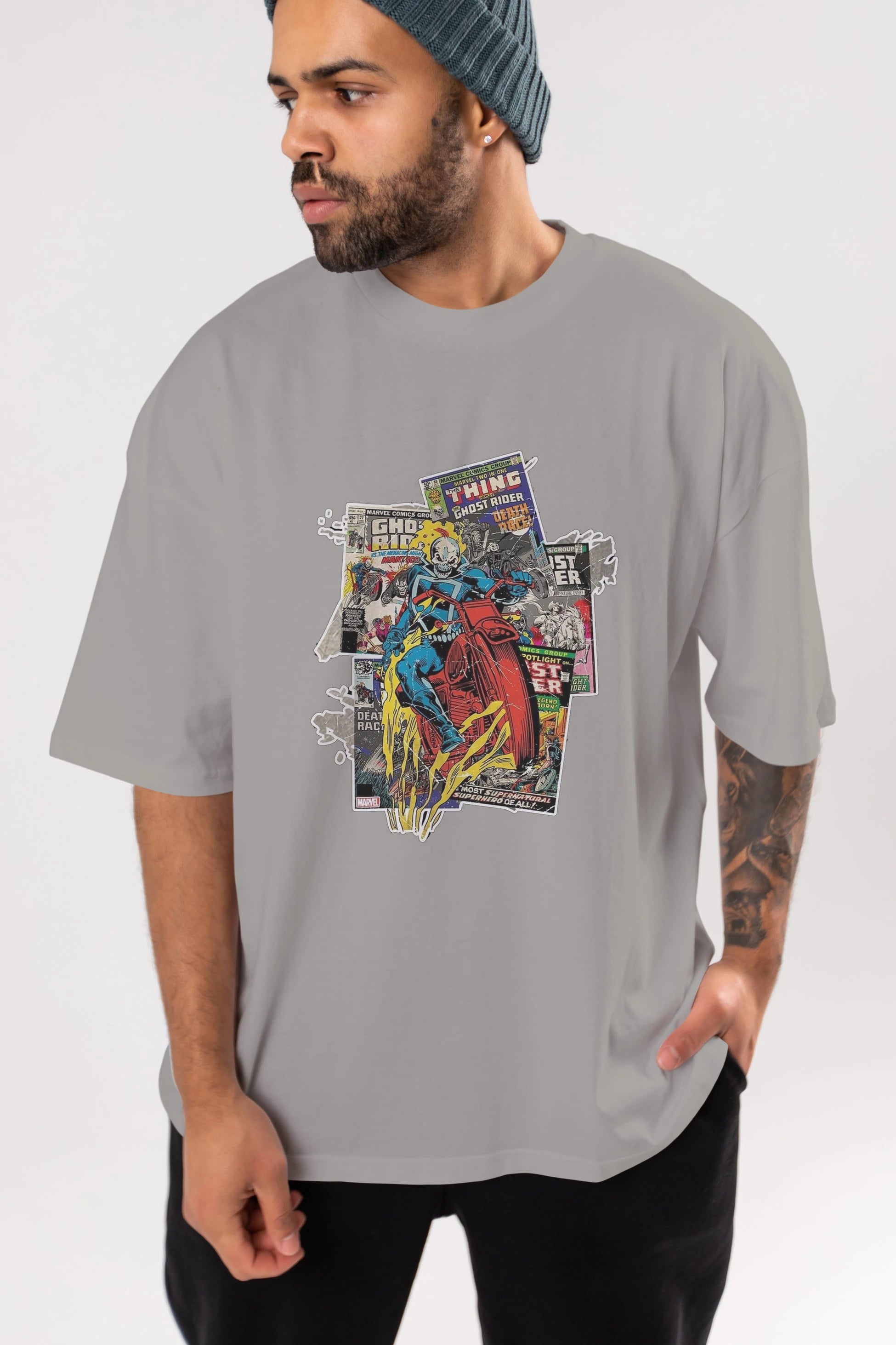 Ghost Rider Ön Baskılı Oversize t-shirt Erkek Kadın Unisex %100 Pamuk Bisiklet Yaka tişort