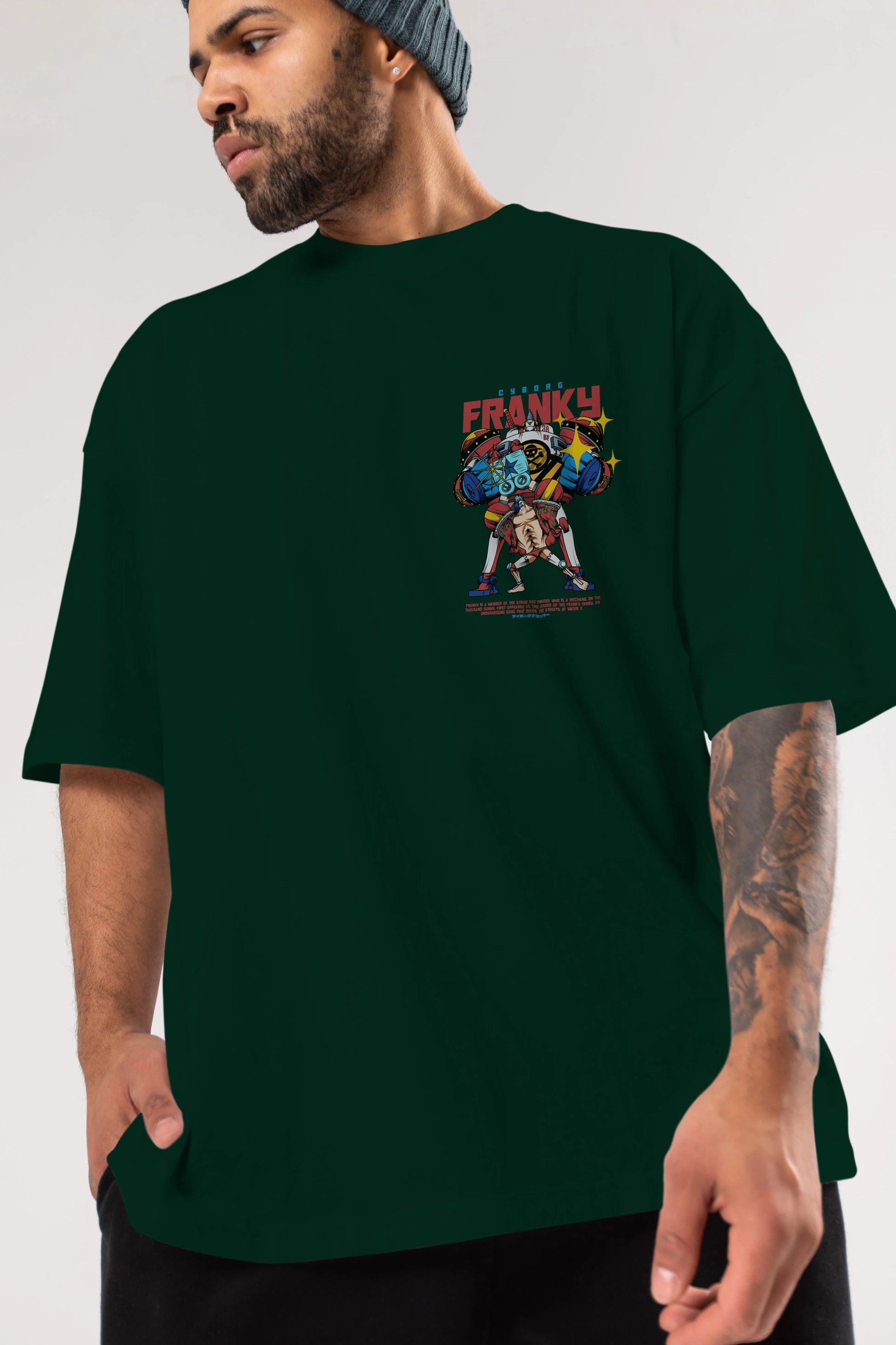 Cyborg Franky Ön Sol Baskılı Oversize t-shirt Erkek Kadın Unisex %100 Pamuk Bisiklet Yaka tişort