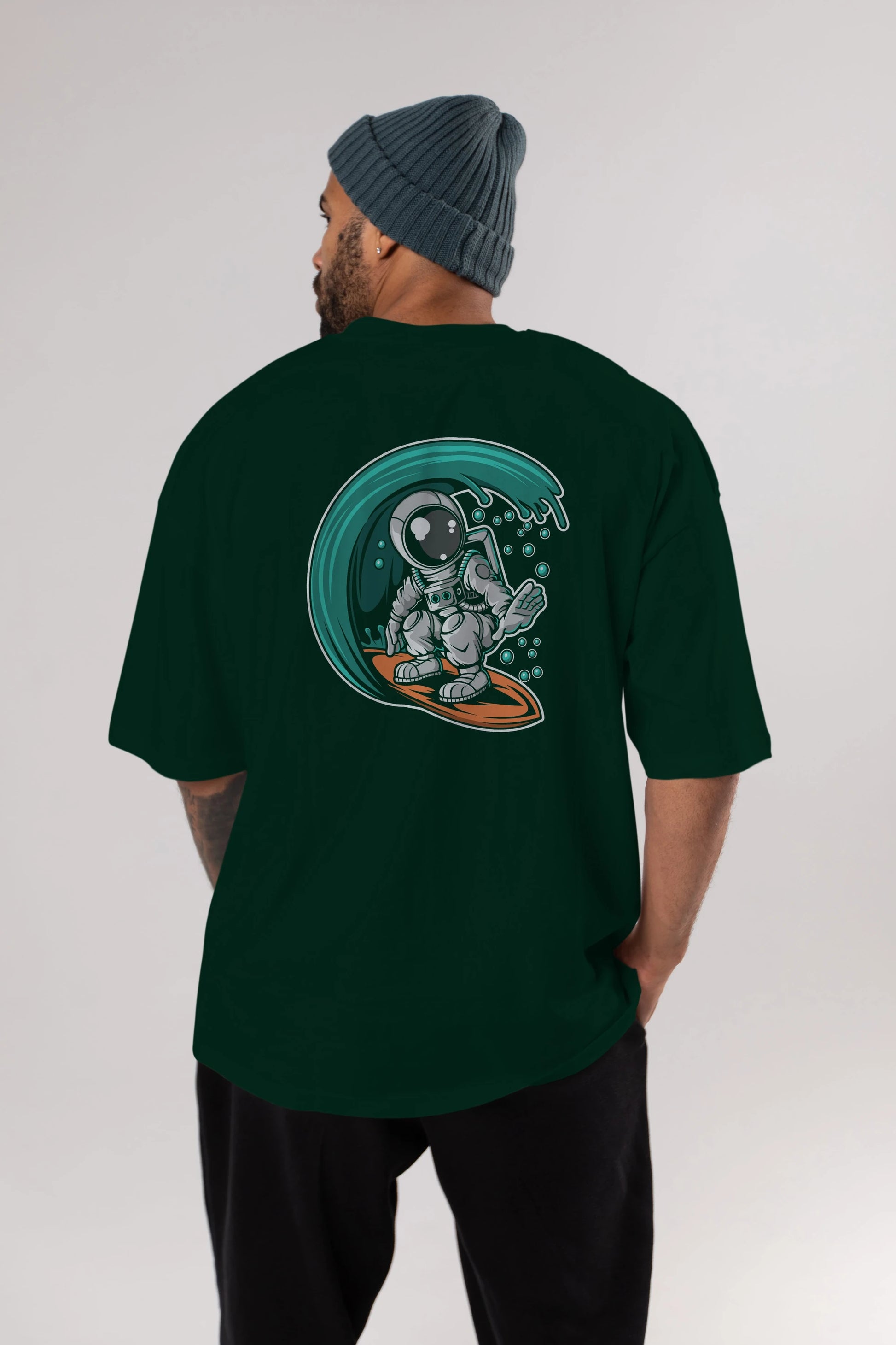 Astronaut Surfing Arka Baskılı Oversize t-shirt Erkek Kadın Unisex