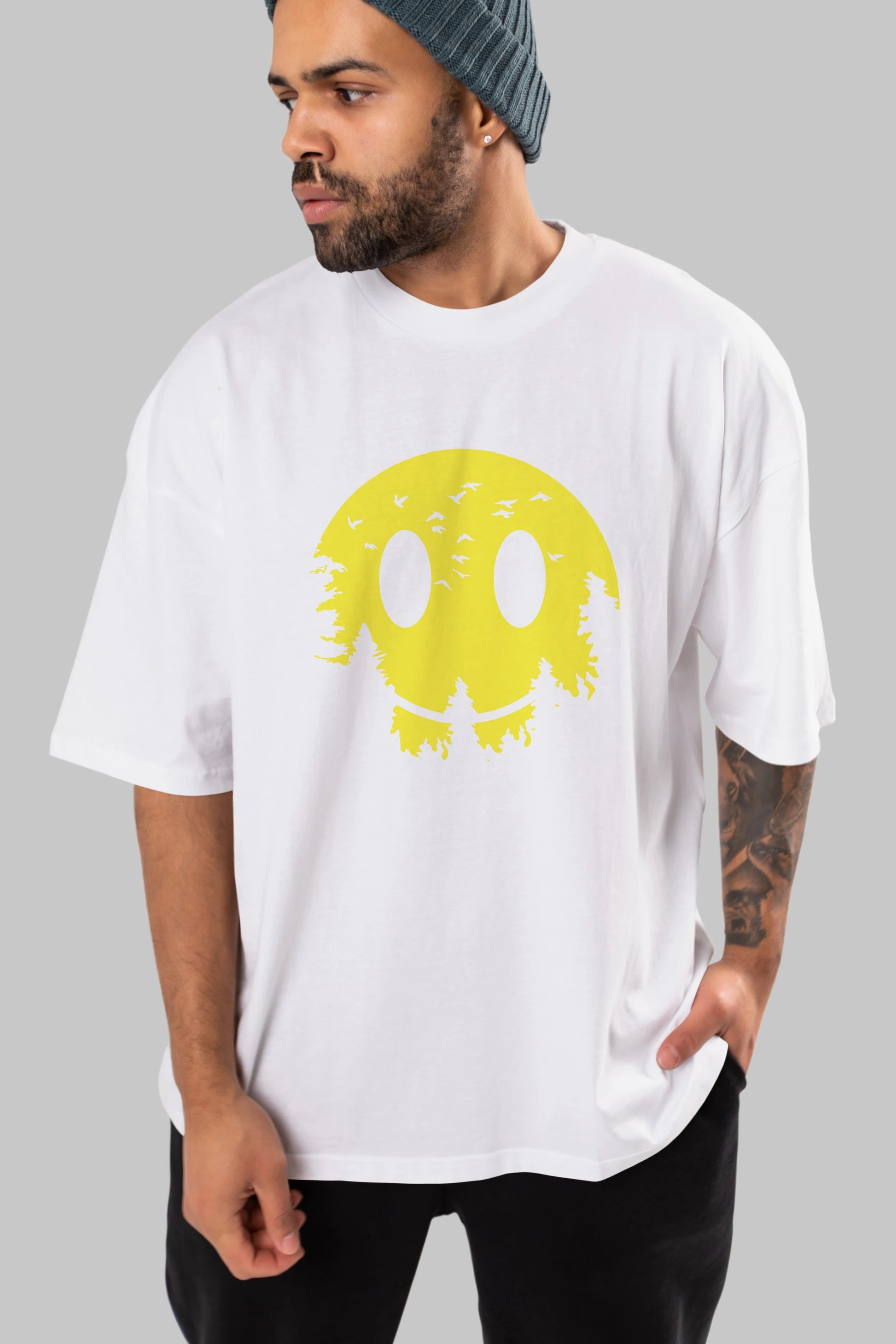 Smiley Moon Ön Baskılı Oversize t-shirt %100 pamuk Erkek Kadın Unisex