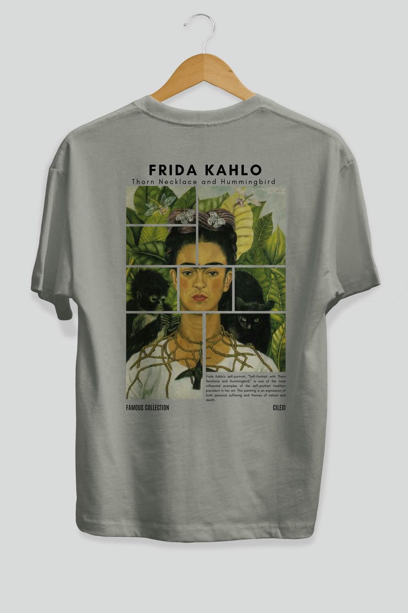 Frida Kahlo Arka Baskılı Oversize t-shirt Erkek Kadın Bisiklet Yaka Pamuk tişort