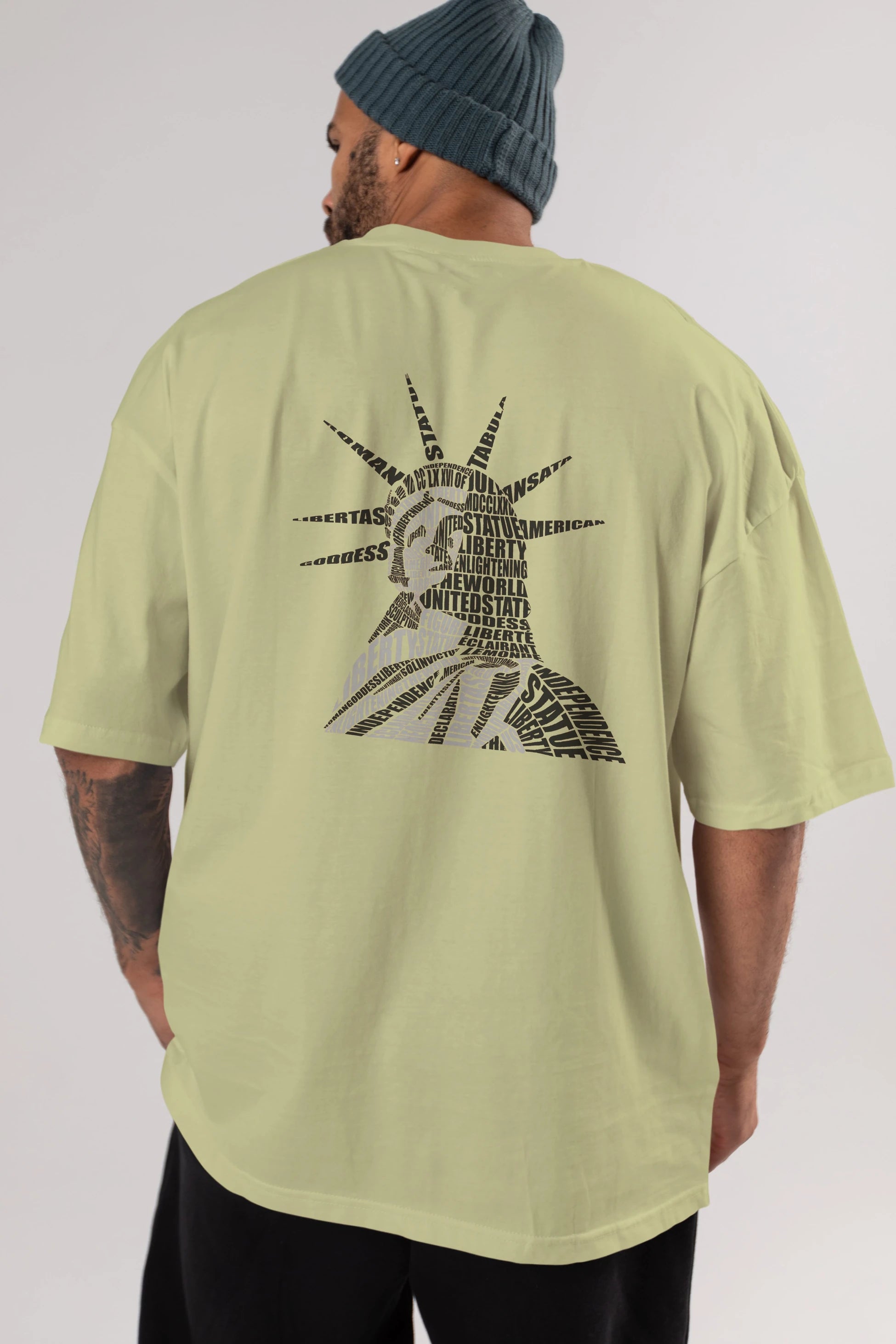 Liberty Statue Calligram Arka Baskılı Oversize t-shirt %100 pamuk Erkek Kadın Unisex