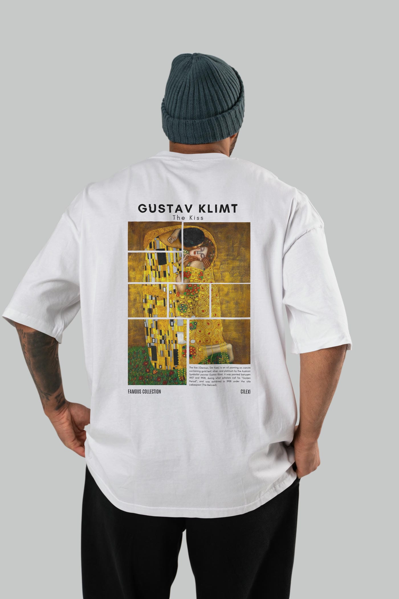 Gustav Klimt The Kiss Arka Baskılı Oversize t-shirt Erkek Kadın Bisiklet Yaka Pamuk tişort