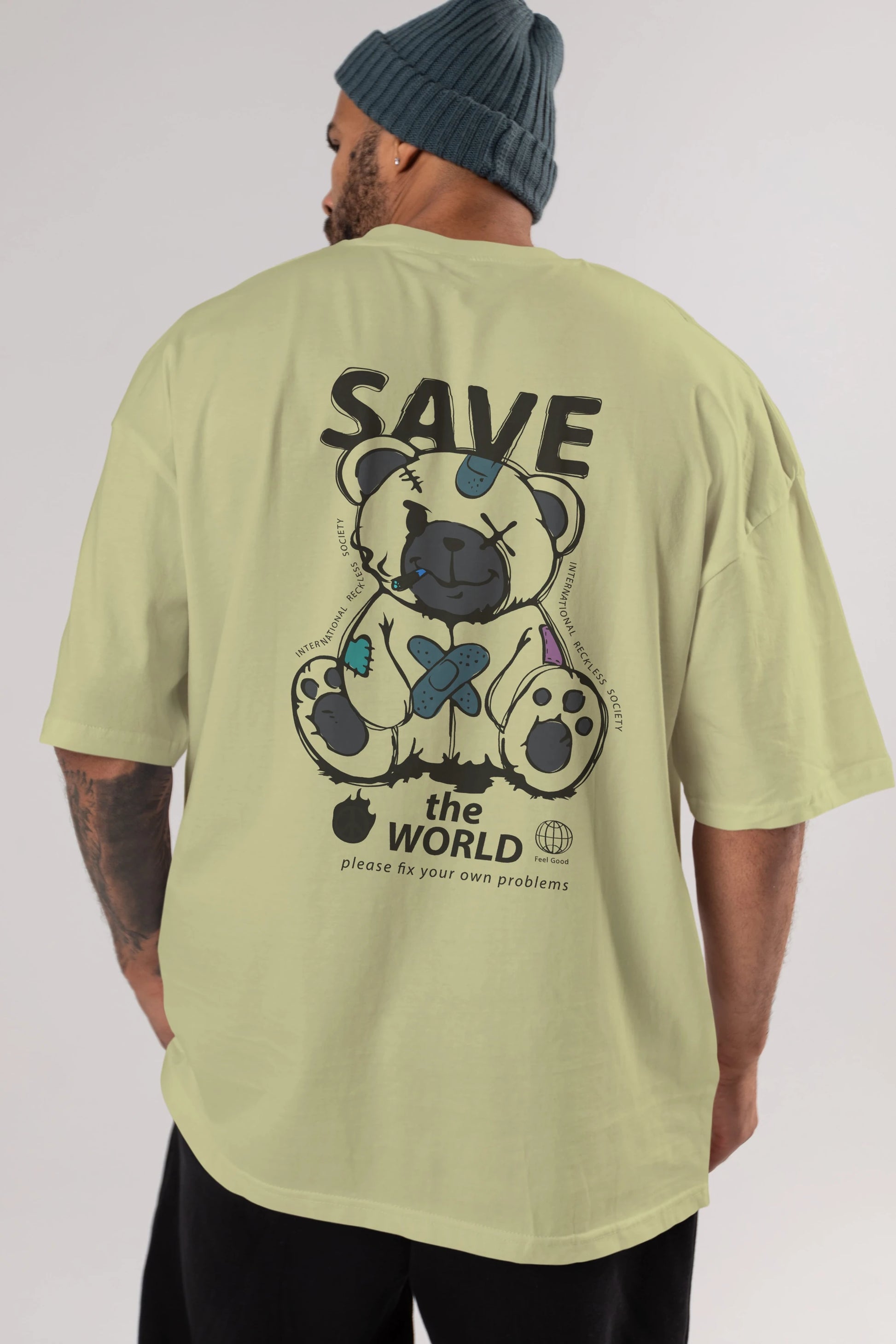 Save the World Bear Arka Baskılı Oversize t-shirt Erkek Kadın Unisex