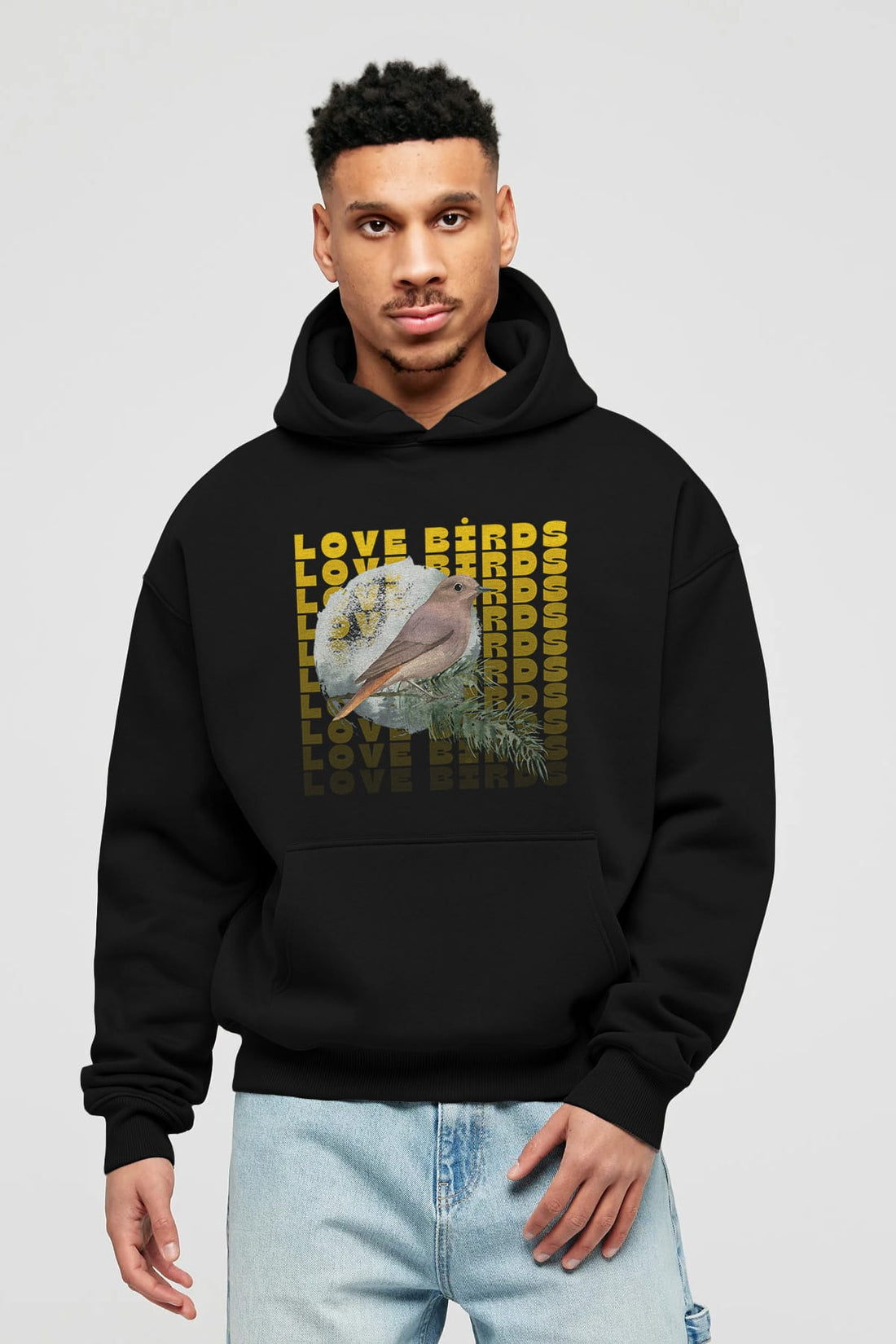 Love Birds Yazılı Ön Baskılı Oversize Hoodie Kapüşonlu Sweatshirt Erkek Kadın Unisex