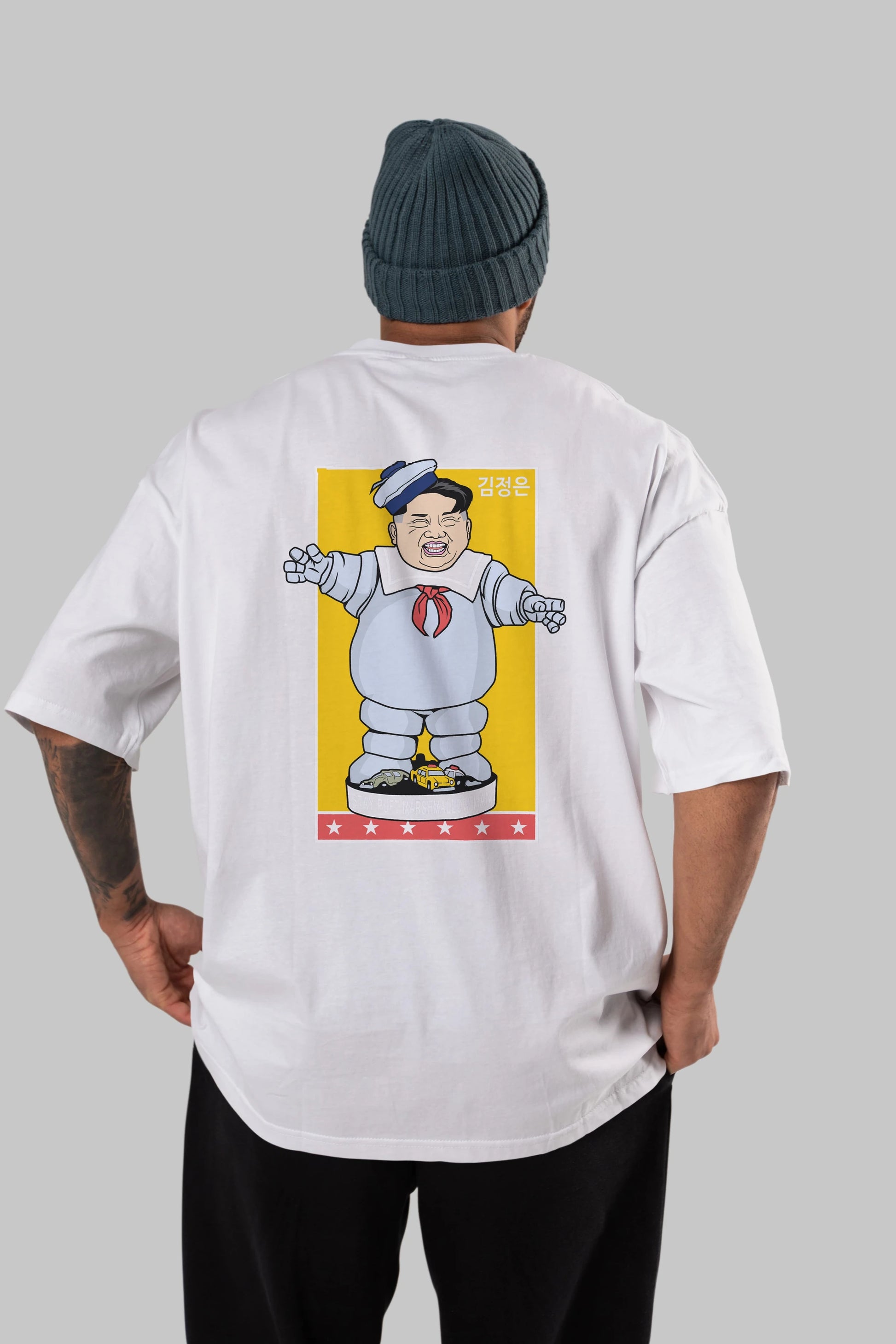 Stay Puft Jong Un Arka Baskılı Oversize t-shirt Erkek Kadın Unisex %100 Pamuk tişort