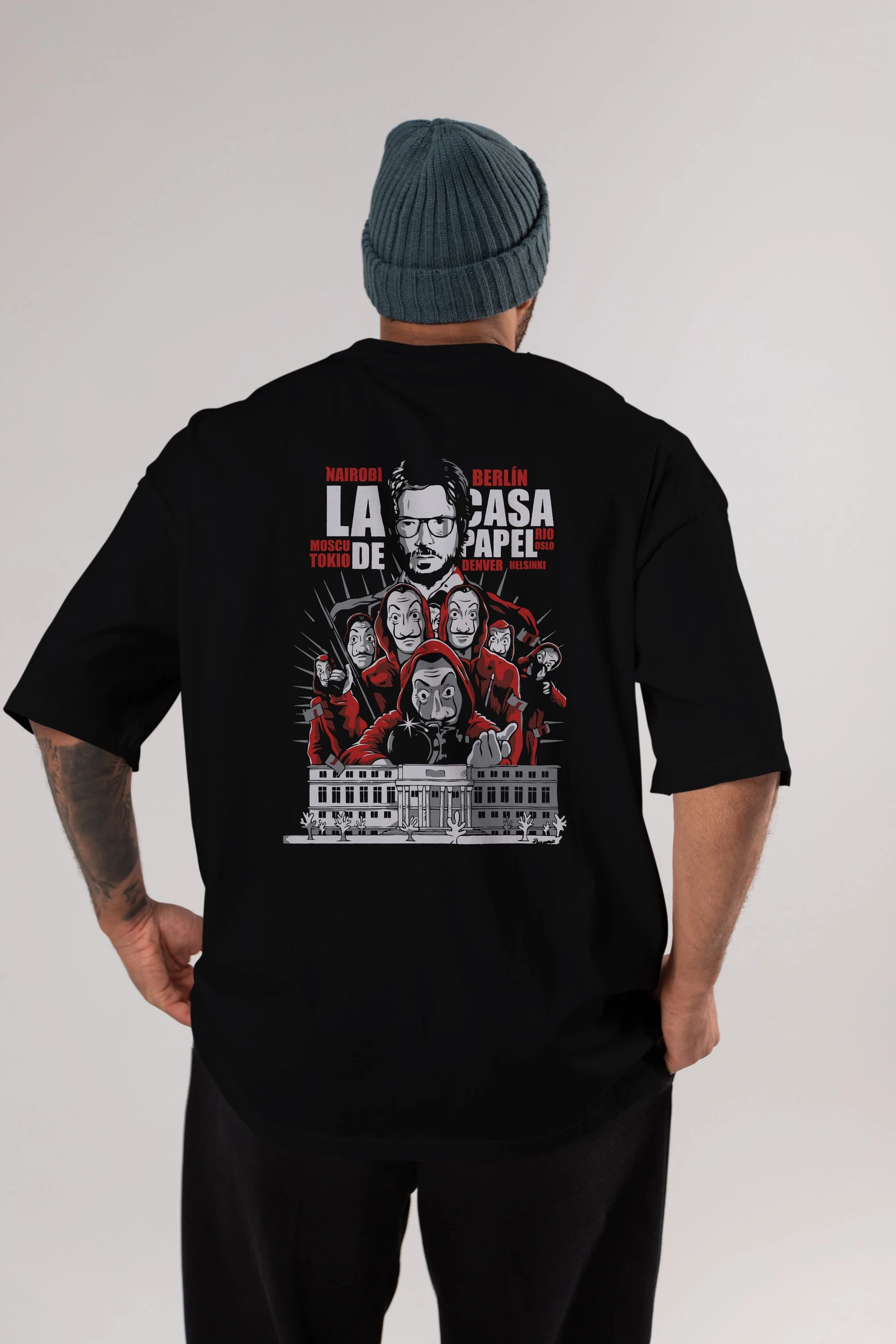 La Casa De Papel (2) Arka Baskılı Oversize t-shirt Erkek Kadın Unisex %100 Pamuk Bisiklet Yaka tişort