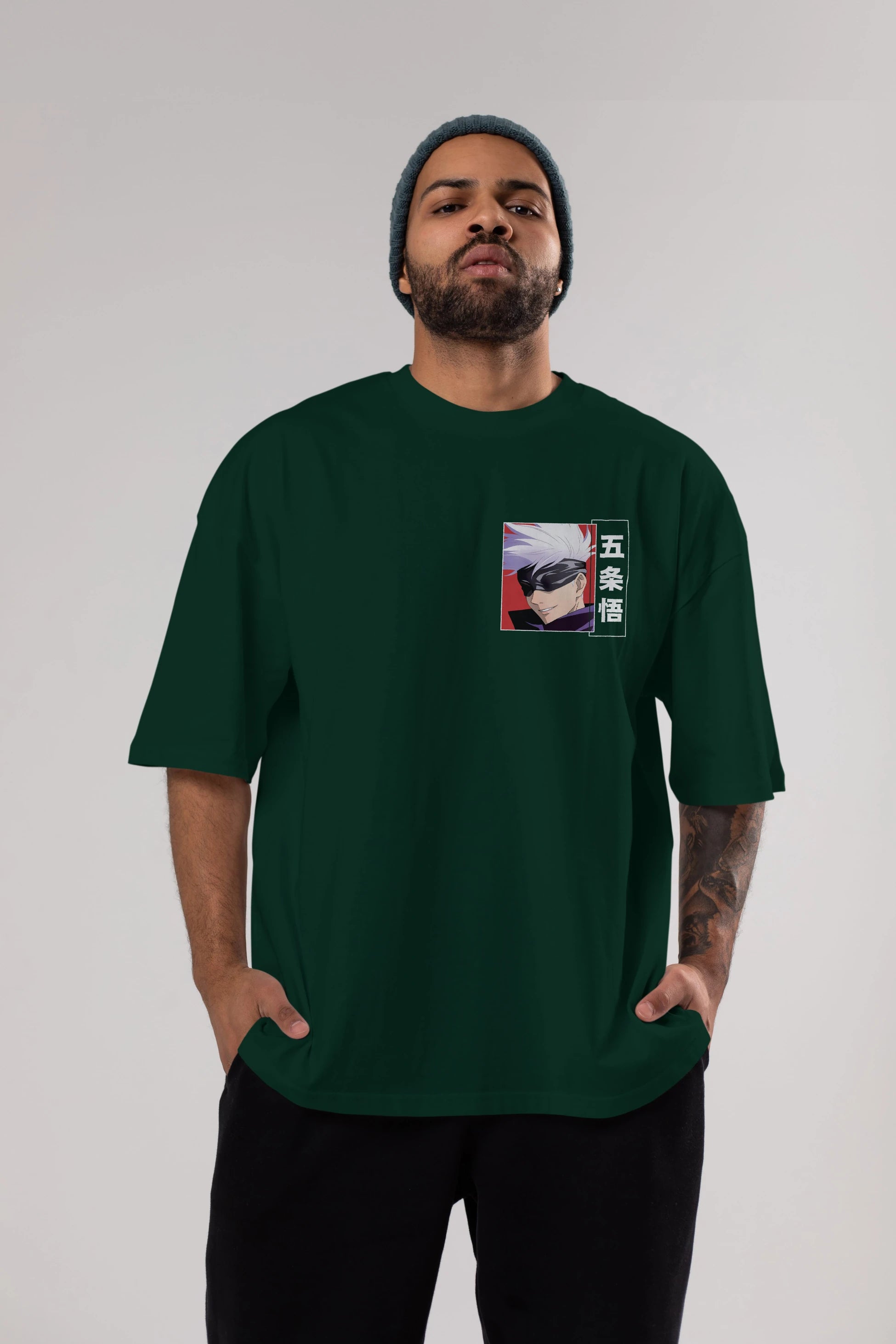 SATORU GOJO Ön Sol Baskılı Oversize t-shirt Erkek Kadın Unisex %100 Pamuk Bisiklet Yaka tişort