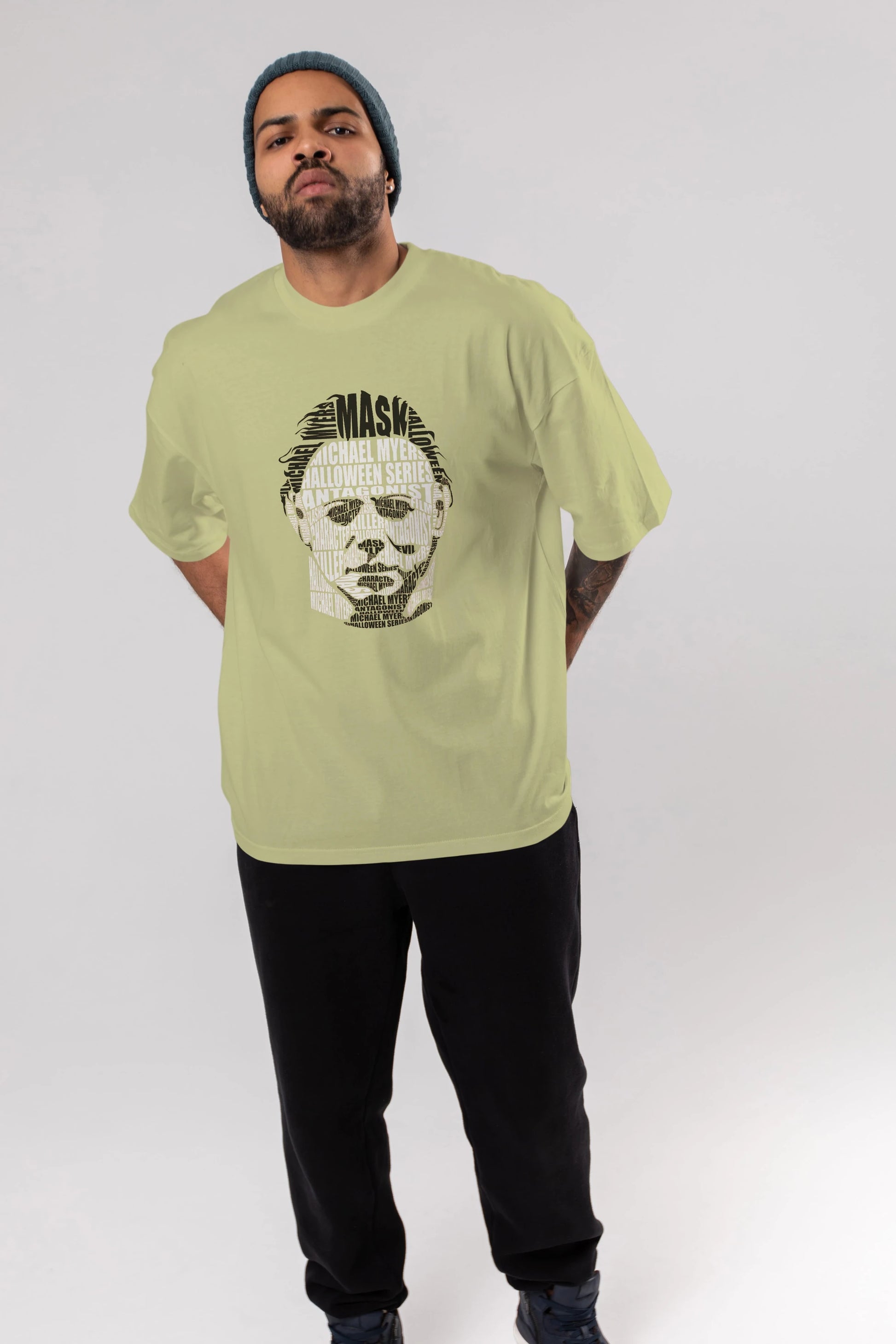 Michael Myers Calligram Ön Baskılı Oversize t-shirt %100 pamuk Erkek Kadın Unisex