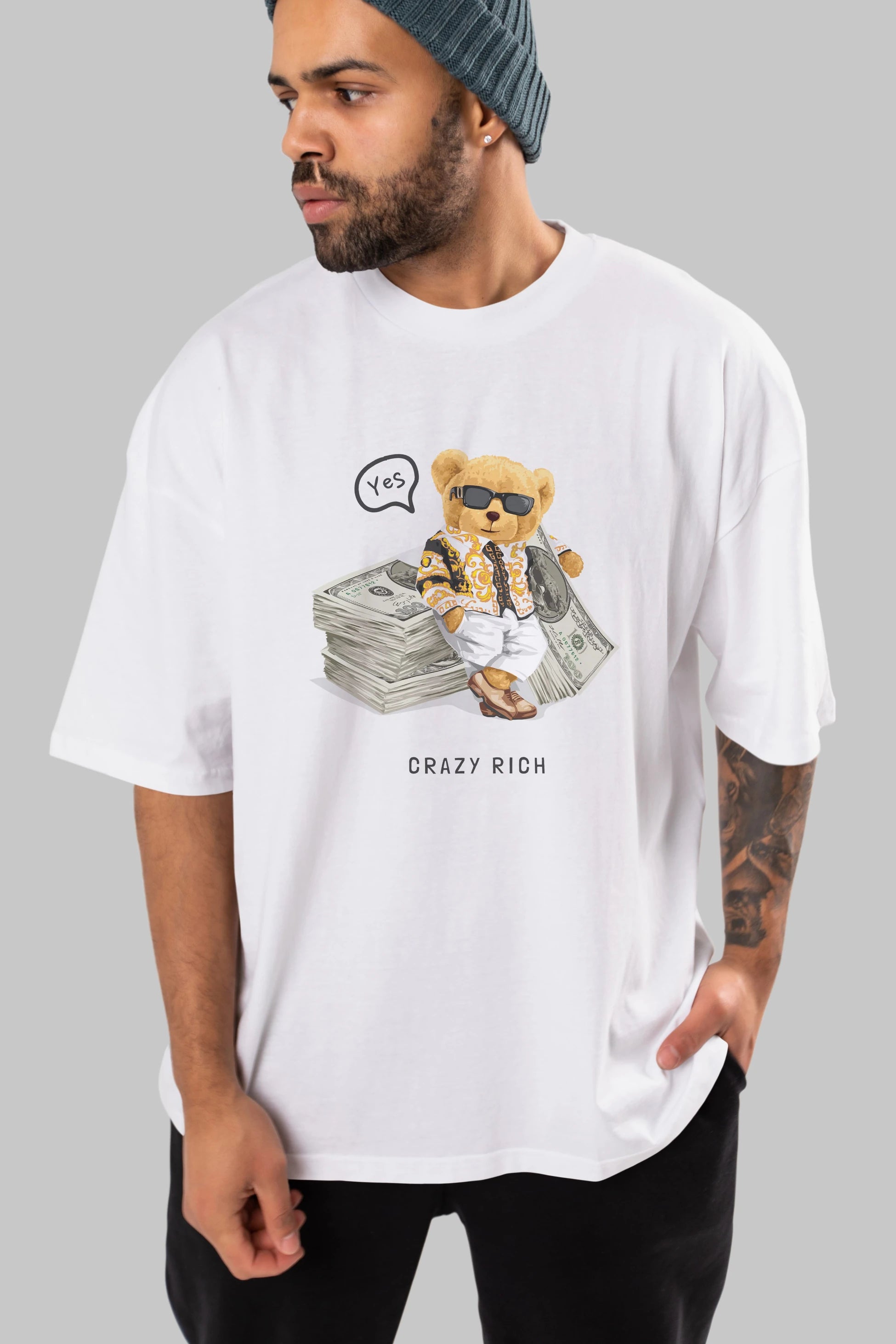 Teddy Bear Crazy Rich Ön Baskılı Oversize t-shirt Erkek Kadın Unisex %100 Pamuk