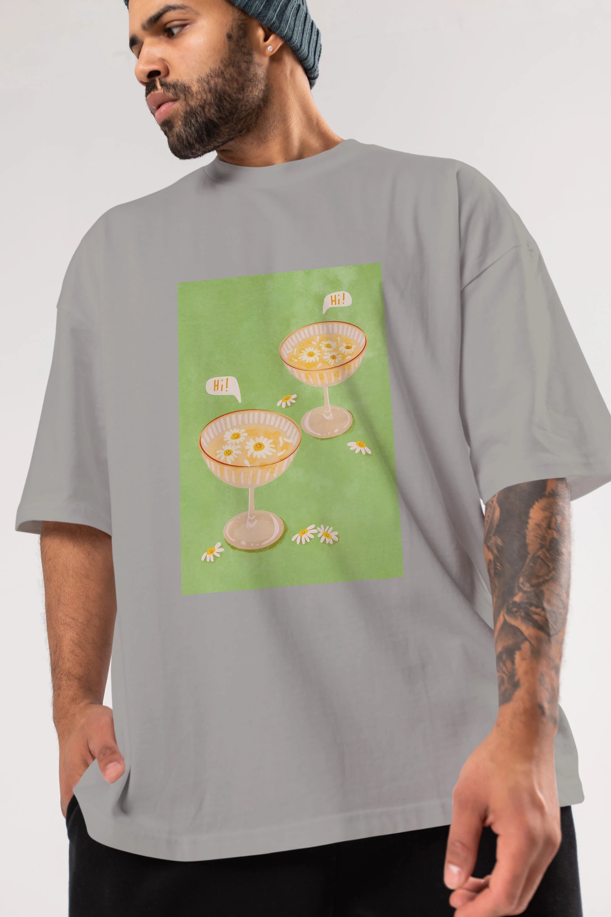 Hi Cheers Ön Baskılı Oversize t-shirt Erkek Kadın Unisex %100 Pamuk Bisiklet Yaka tişort