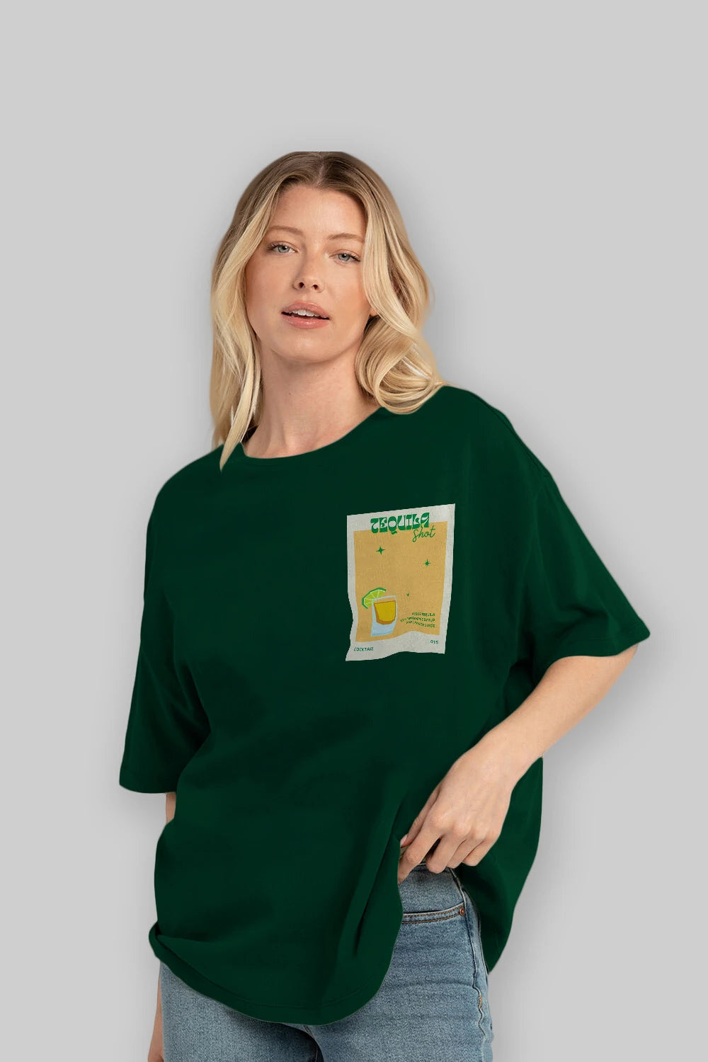 Tequila Shot 2 Ön Sol Baskılı Oversize t-shirt Erkek Kadın Unisex %100 Pamuk Bisiklet Yaka tişort