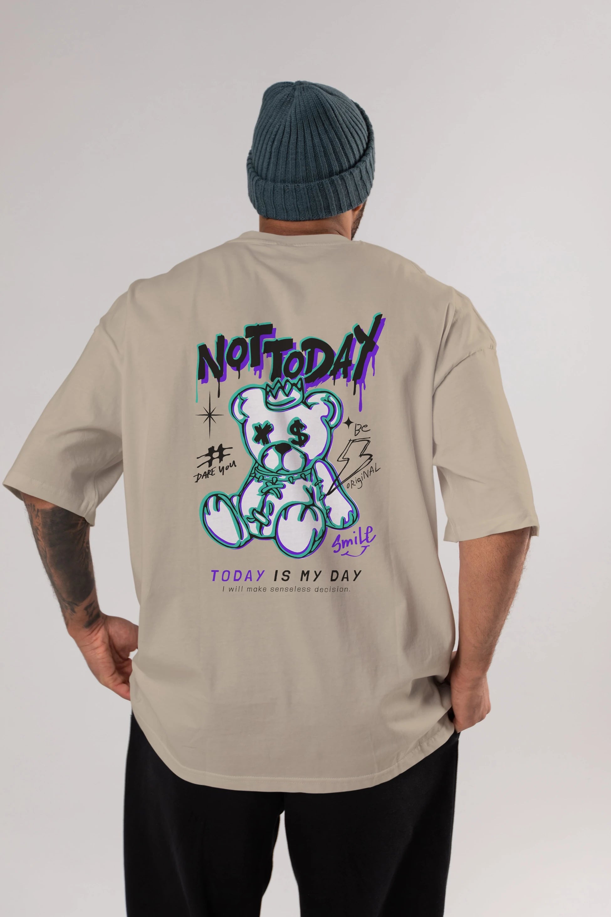 Teddy Bear Not Today Arka Baskılı Oversize t-shirt Erkek Kadın Unisex