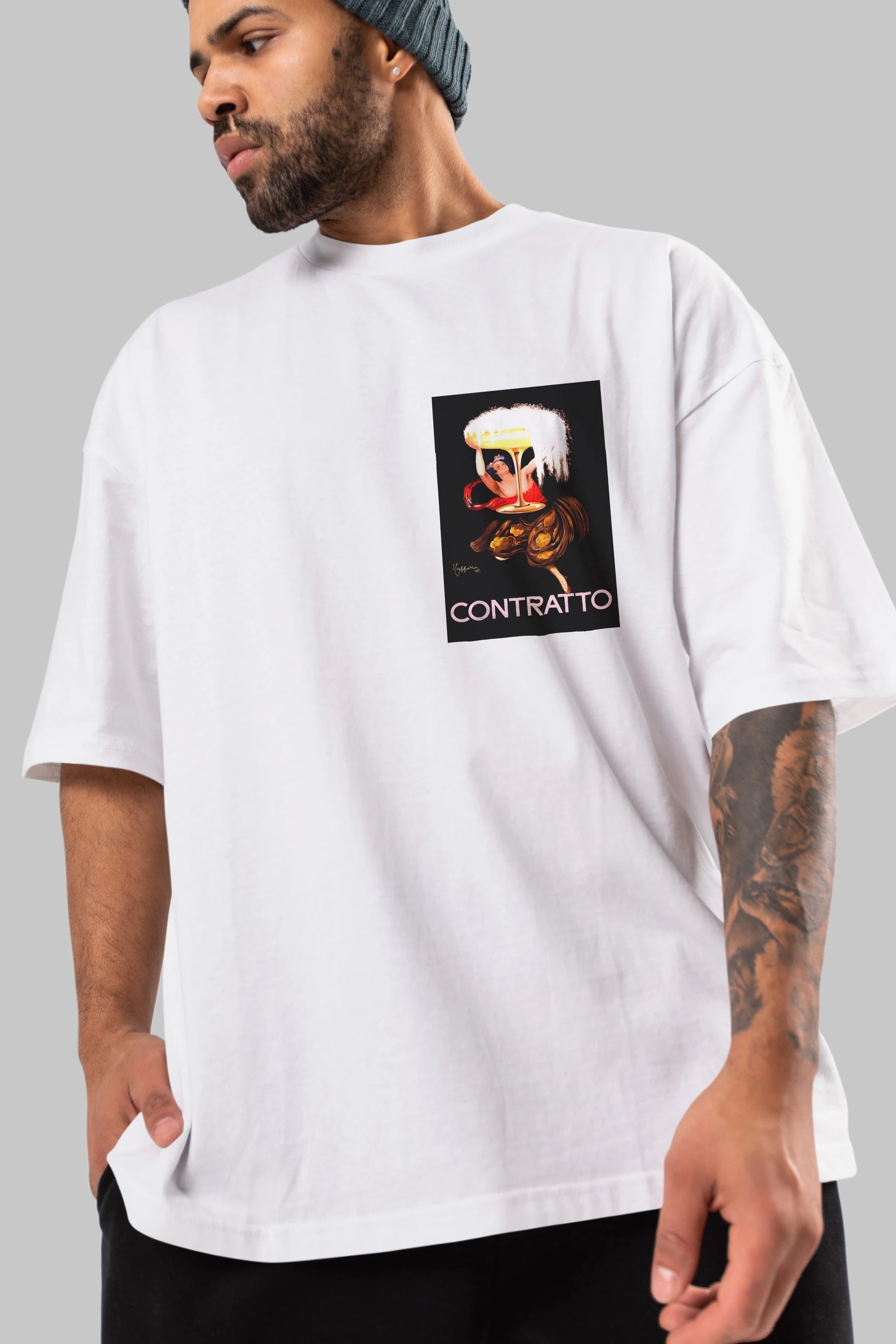 Contratto Ön Sol Baskılı Oversize t-shirt Erkek Kadın Unisex %100 Pamuk Bisiklet Yaka tişort