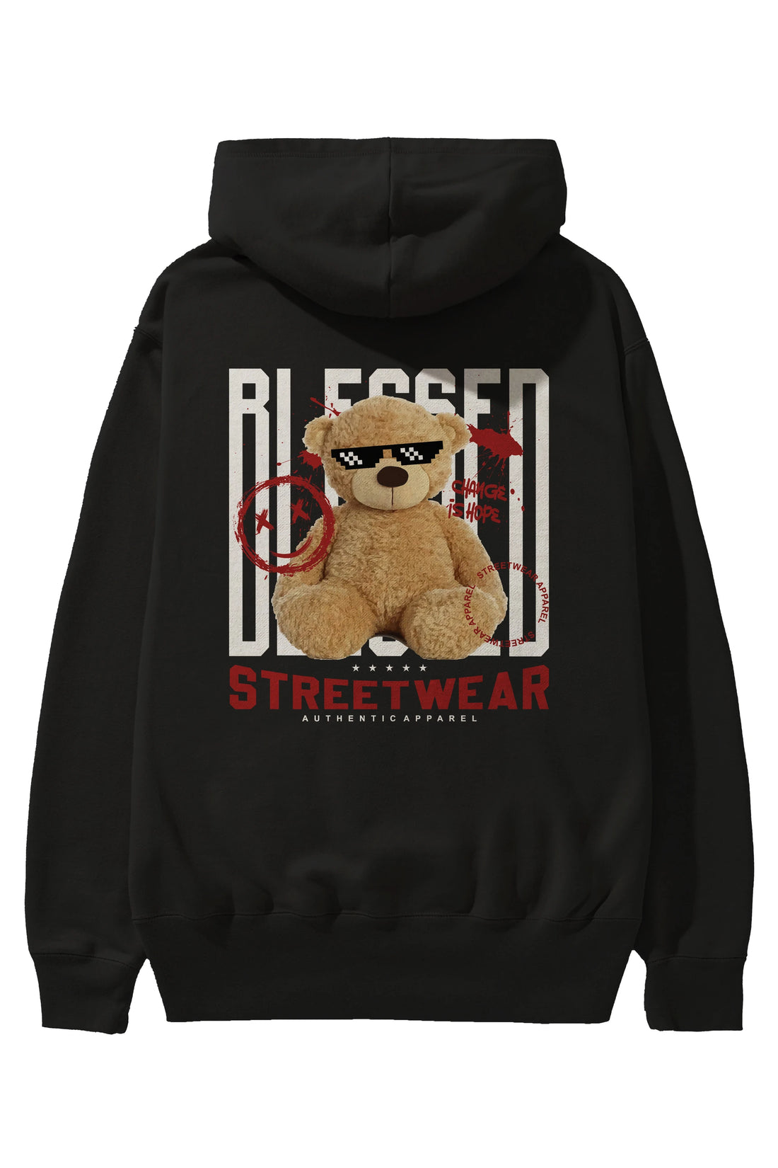 Blessed Bear Arka Baskılı Hoodie Oversize Kapüşonlu Sweatshirt Erkek Kadın Unisex