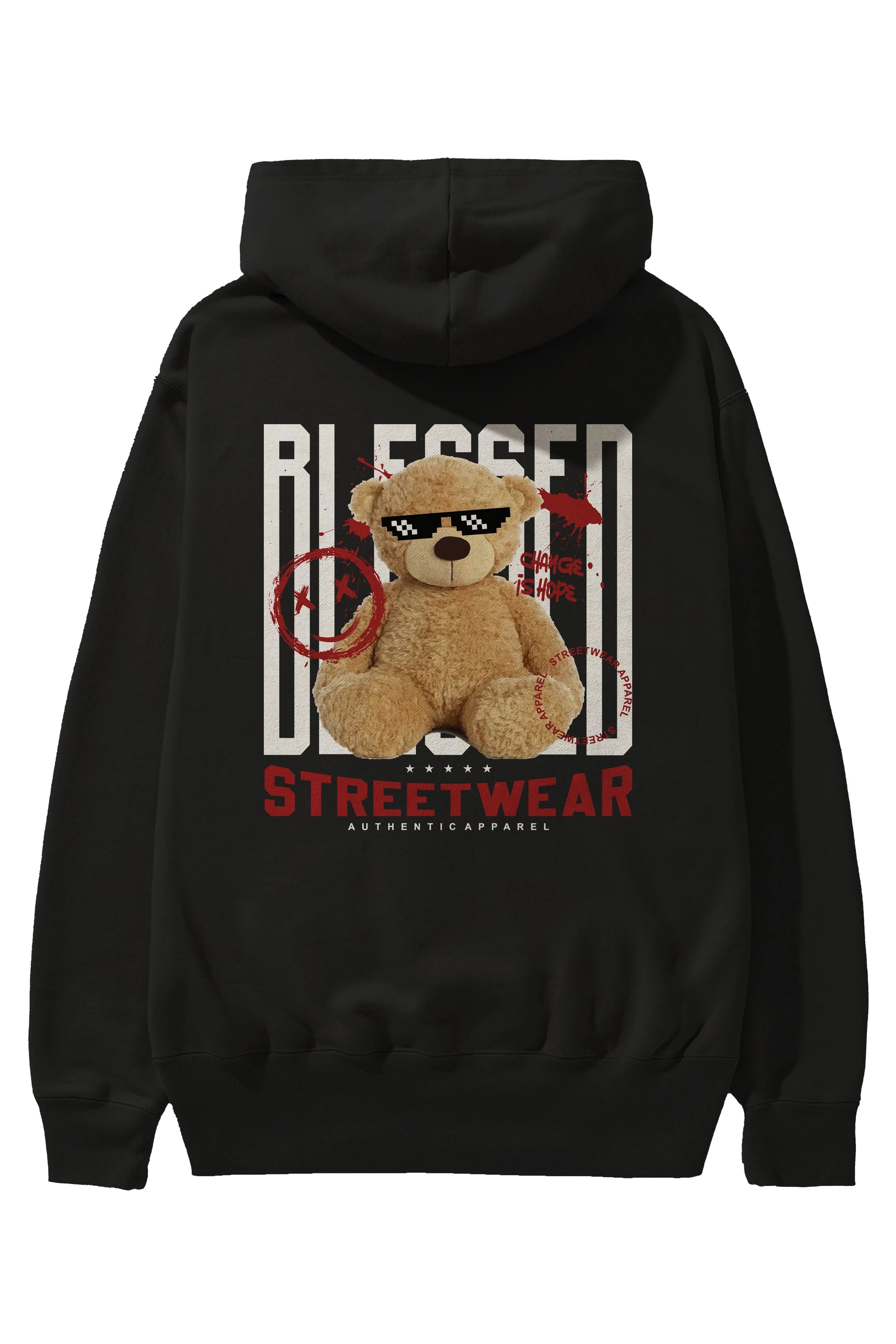 Blessed Bear Arka Baskılı Hoodie Oversize Kapüşonlu Sweatshirt Erkek Kadın Unisex