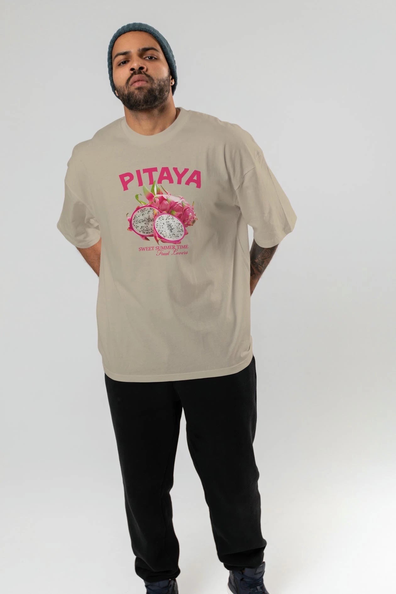 Pitaya Ön Baskılı Oversize t-shirt Erkek Kadın Pamuk Bisiklet Yaka tişort