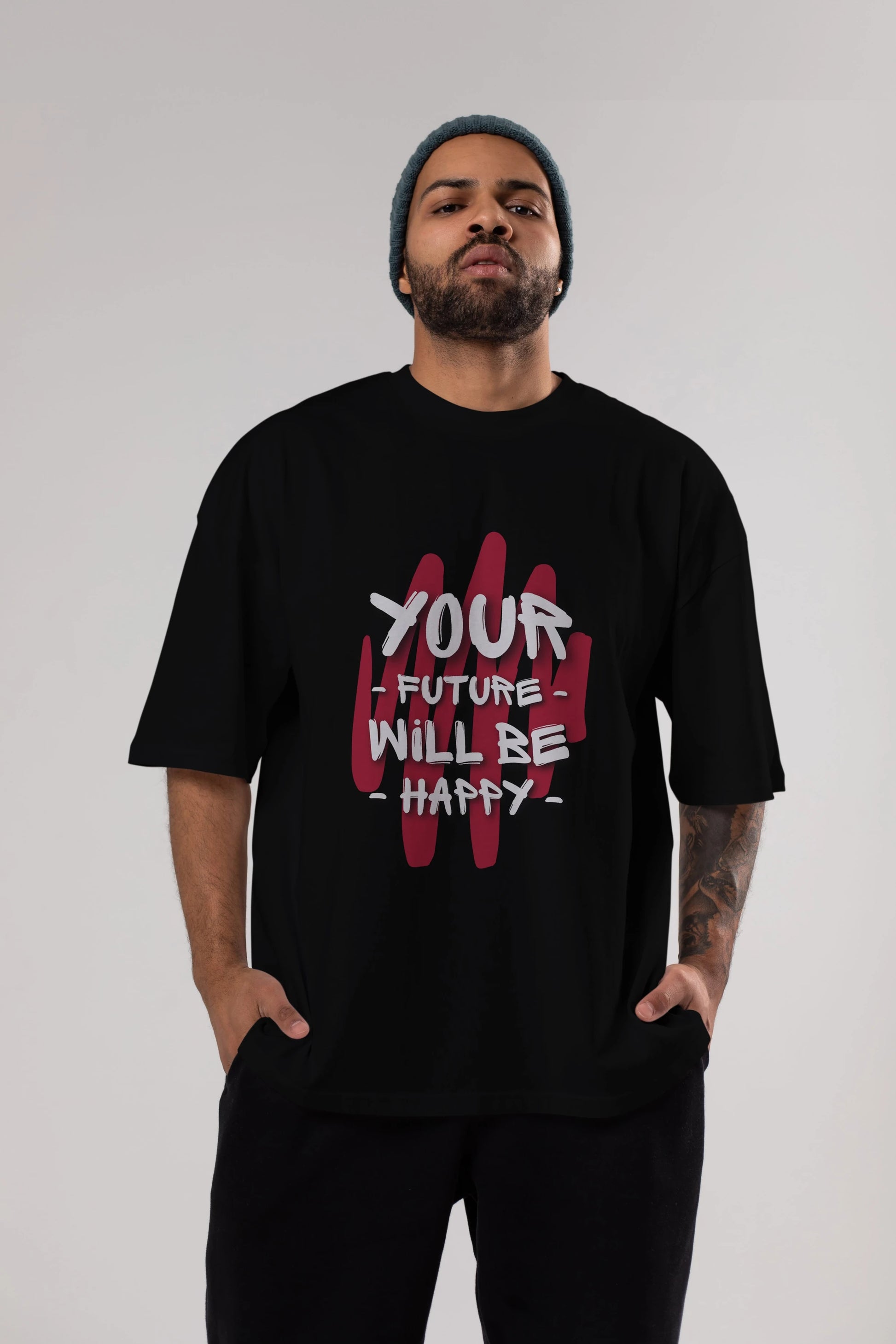 Your Future Will be Happy Yazılı Ön Baskılı Oversize t-shirt Erkek Kadın Unisex