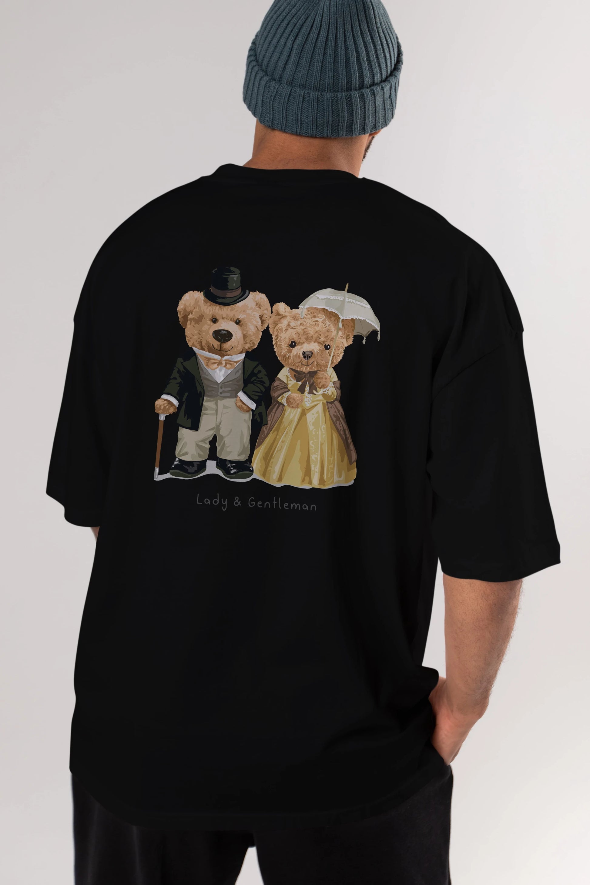 Teddy Bear Couple Arka Baskılı Oversize t-shirt Erkek Kadın Unisex %100 Pamuk