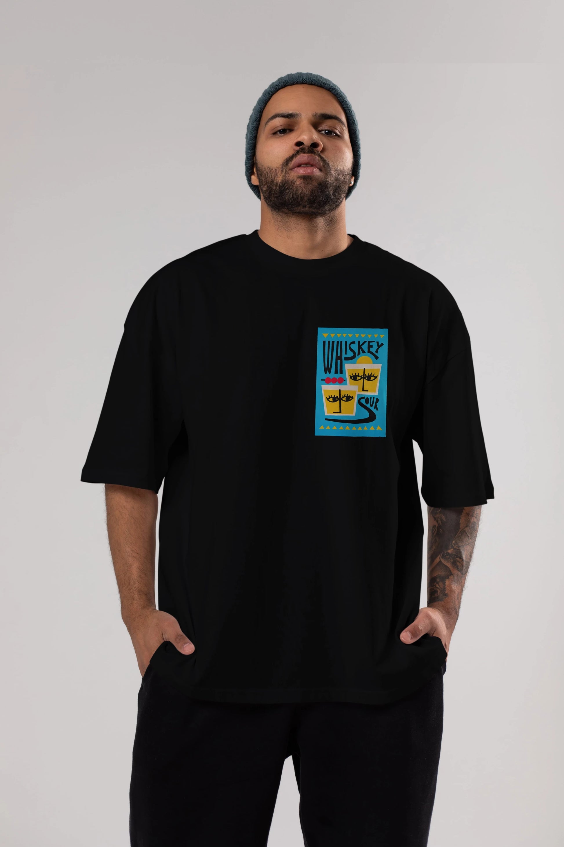 Whiskey Sour 2 Ön Sol Baskılı Oversize t-shirt Erkek Kadın Unisex %100 Pamuk Bisiklet Yaka tişort