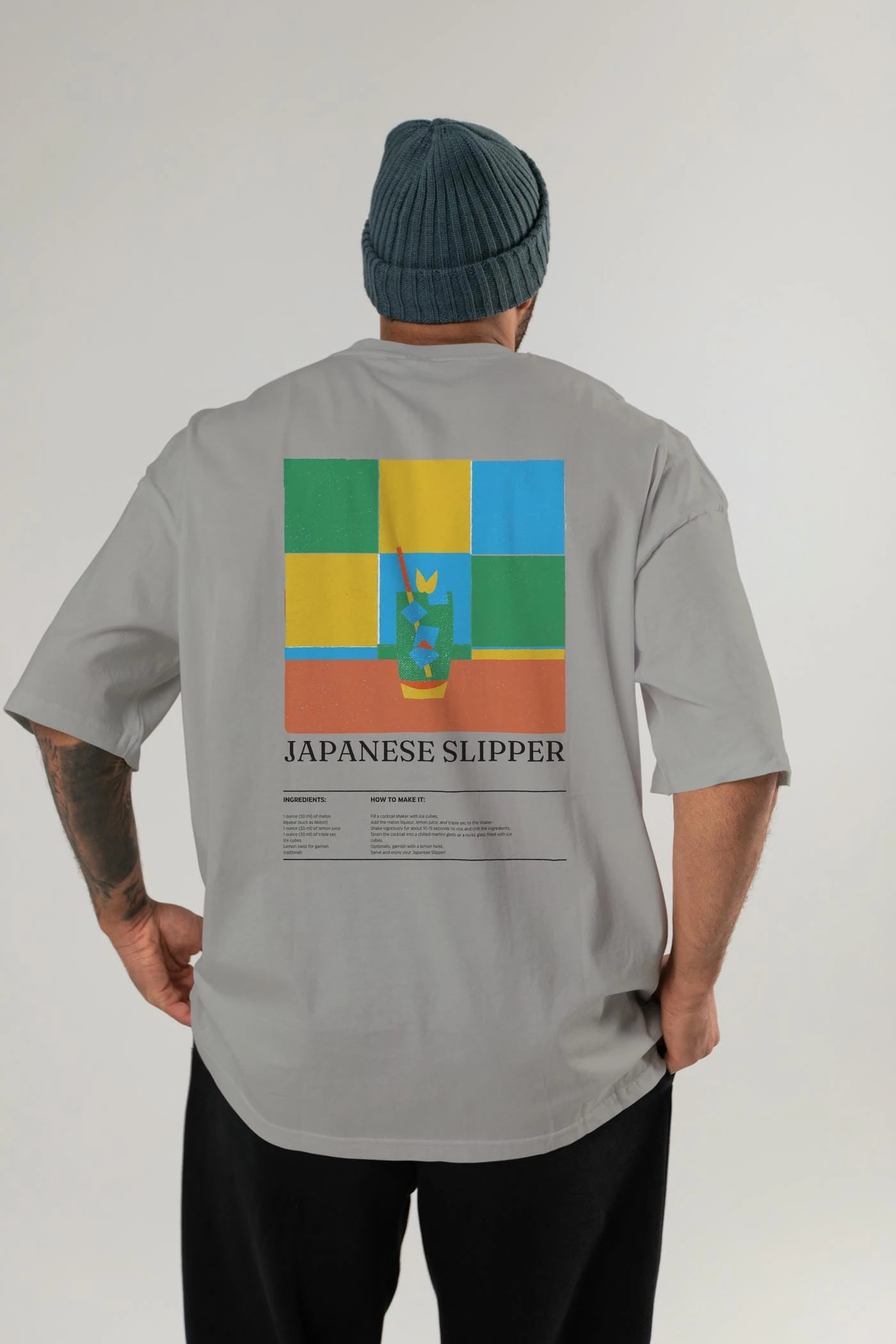 Japanese Slipper Kokteyl Serisi Arka Baskılı Oversize t-shirt Erkek Kadın %100 Pamuk Bisiklet Yaka tişort