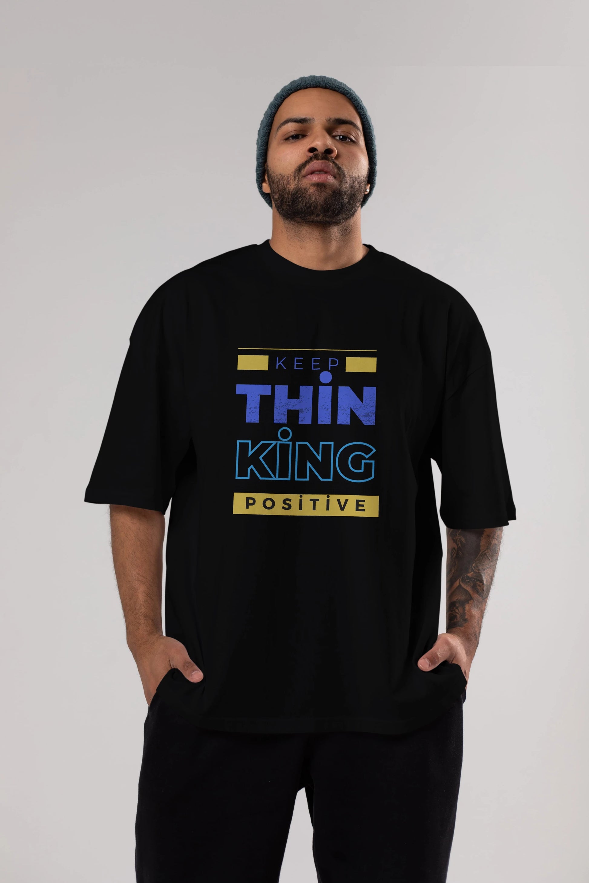 Keep Thinking Positive Yazılı Ön Baskılı Oversize t-shirt Erkek Kadın Unisex