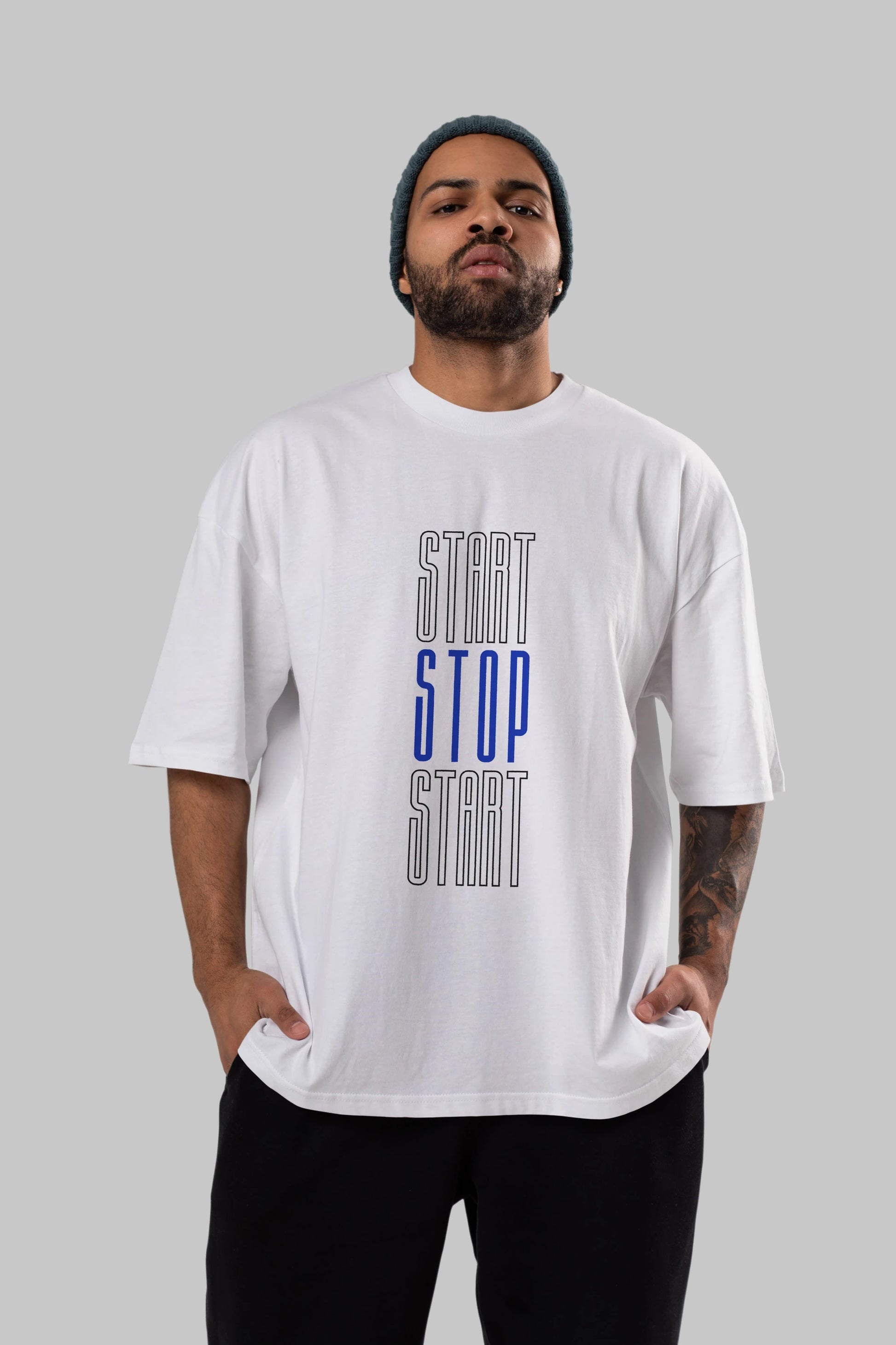 Start Stop Start Yazılı Ön Baskılı Oversize t-shirt Erkek Kadın Unisex