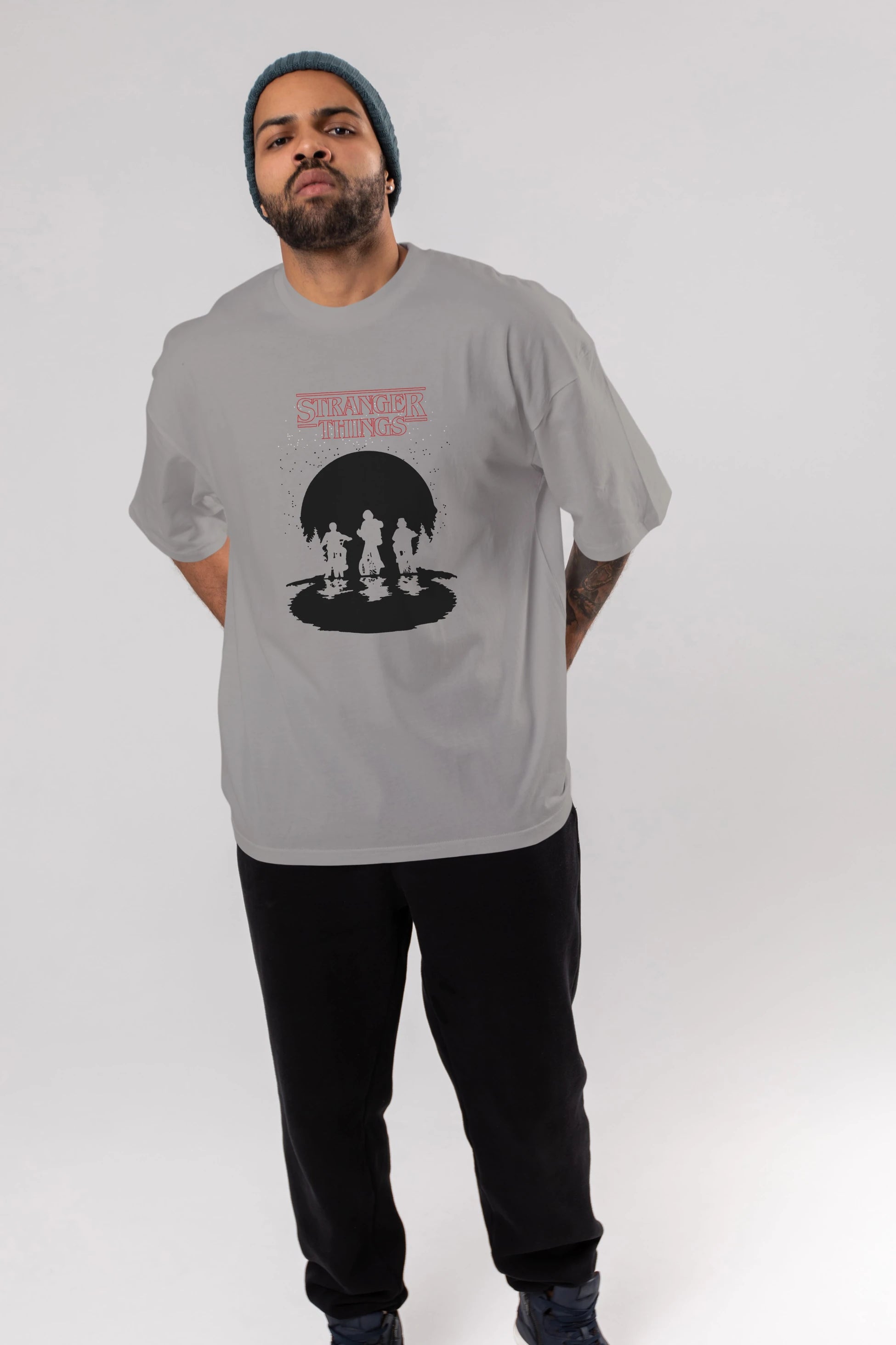 Stranger Things Ön Baskılı Oversize t-shirt Erkek Kadın Unisex %100 Pamuk Bisiklet Yaka tişort
