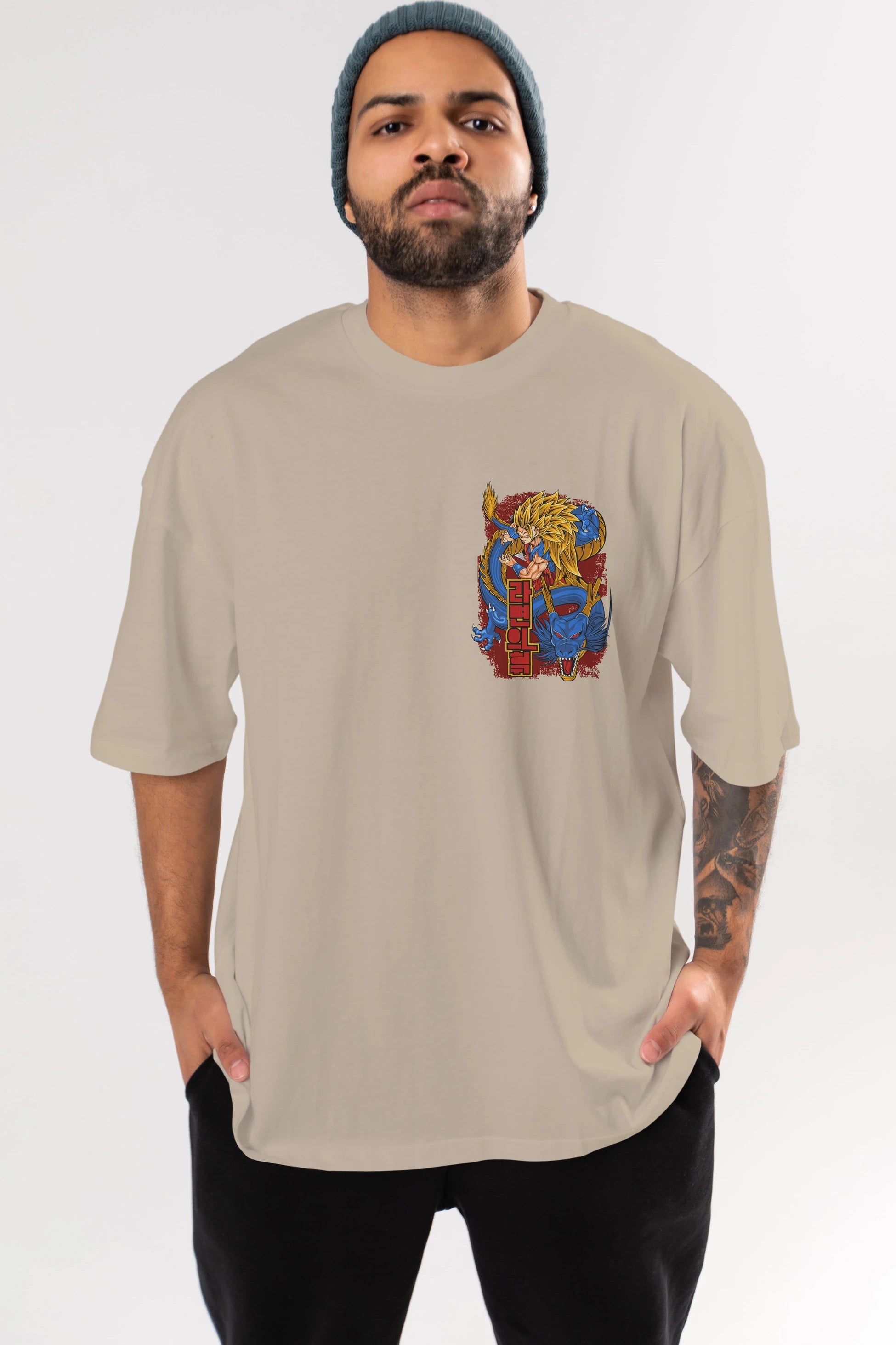 DRAGON BALL Z Ön Sol Baskılı Oversize t-shirt Erkek Kadın Unisex %100 Pamuk Bisiklet Yaka tişort