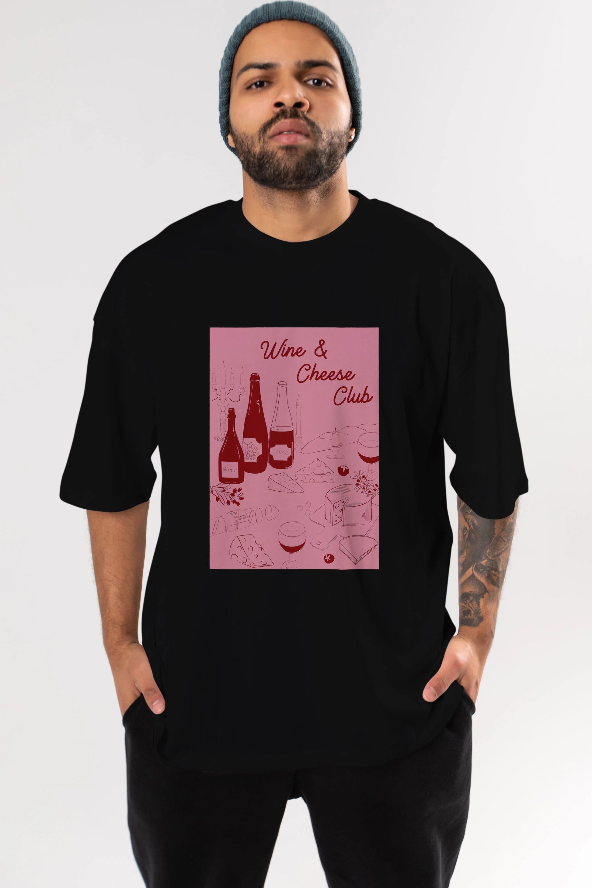 Wine Cheese Club Ön Baskılı Oversize t-shirt Erkek Kadın Unisex %100 Pamuk Bisiklet Yaka tişort