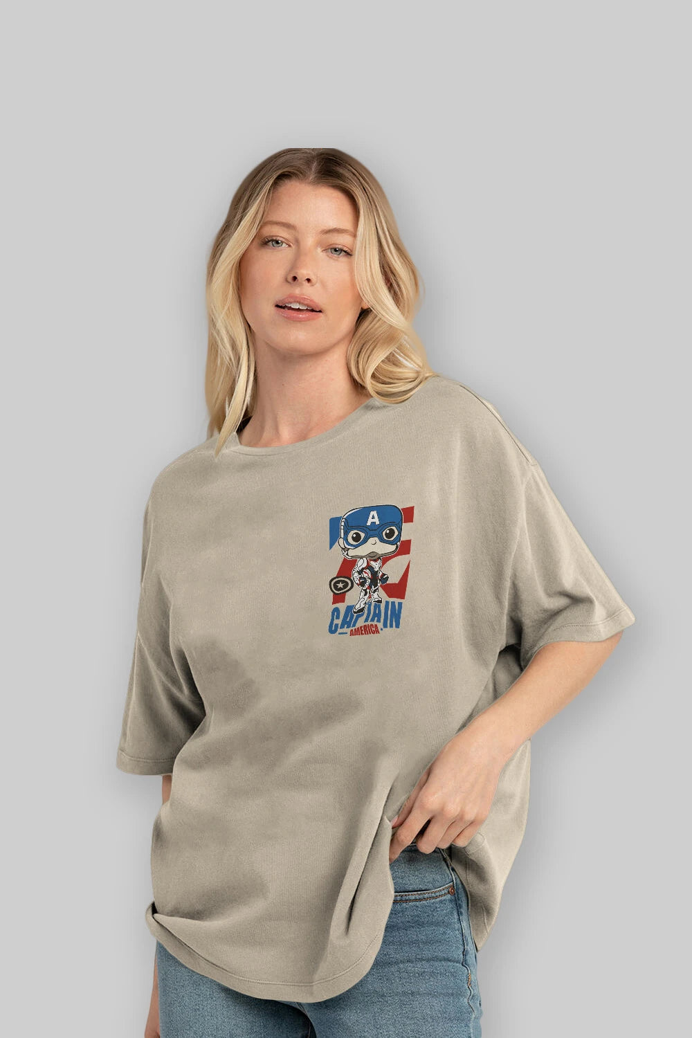 Captain America Ön Sol Baskılı Oversize t-shirt Erkek Kadın Unisex %100 Pamuk Bisiklet Yaka tişort