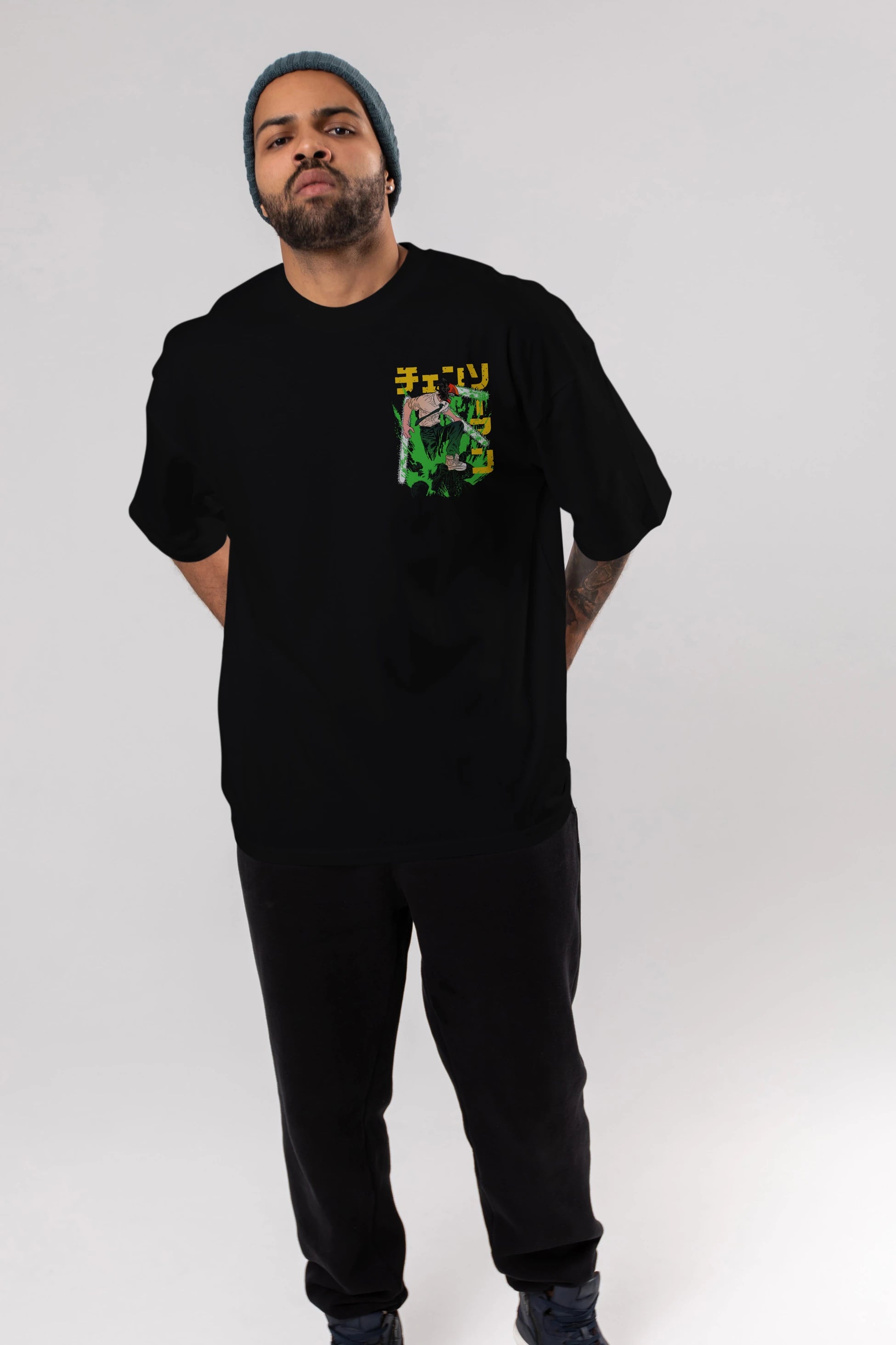 CHAINSAWMAN DENJI Ön Sol Baskılı Oversize t-shirt Erkek Kadın Unisex %100 Pamuk Bisiklet Yaka tişort