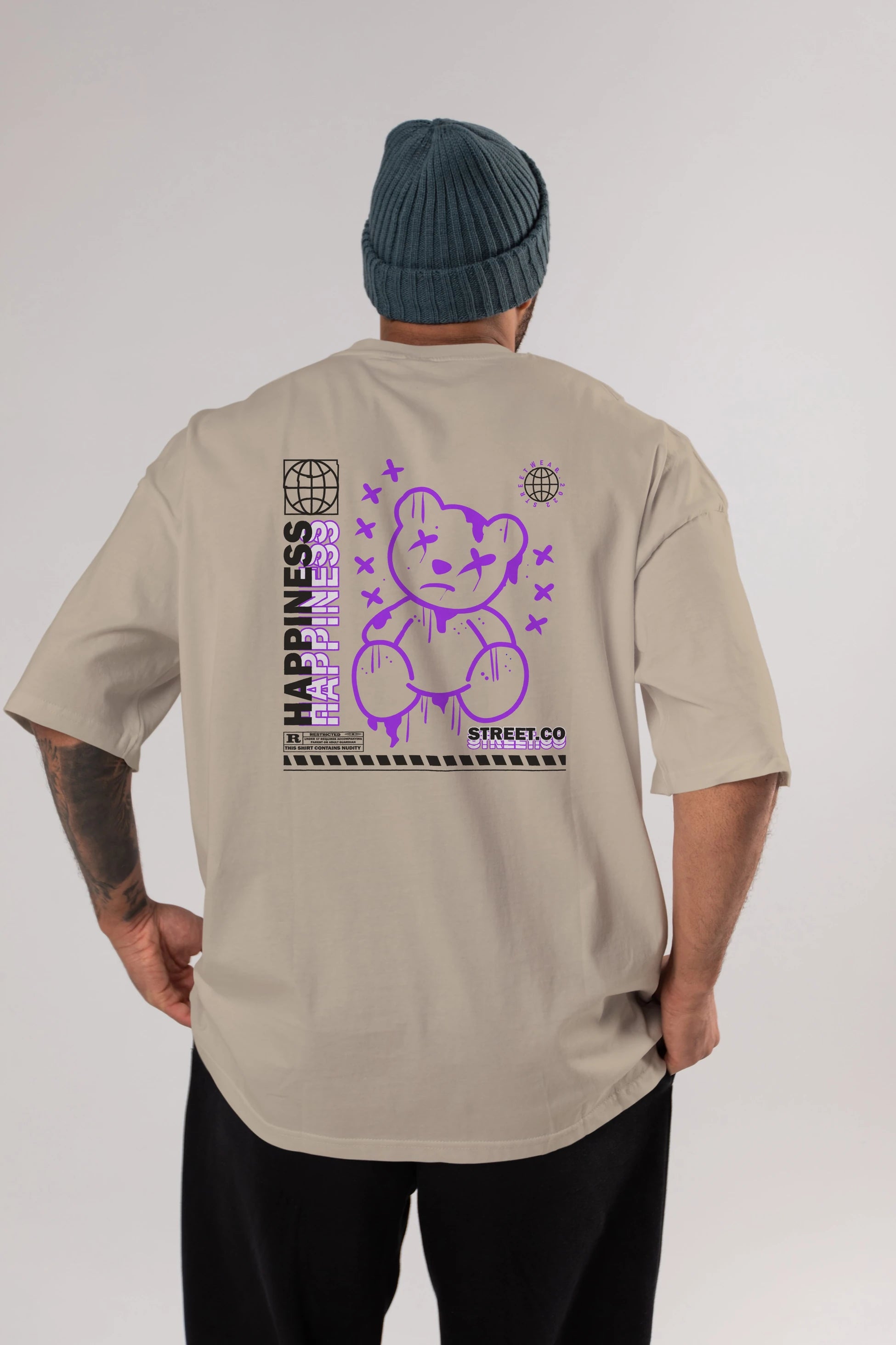 Happiness Bear 3 Arka Baskılı Oversize t-shirt Erkek Kadın Unisex