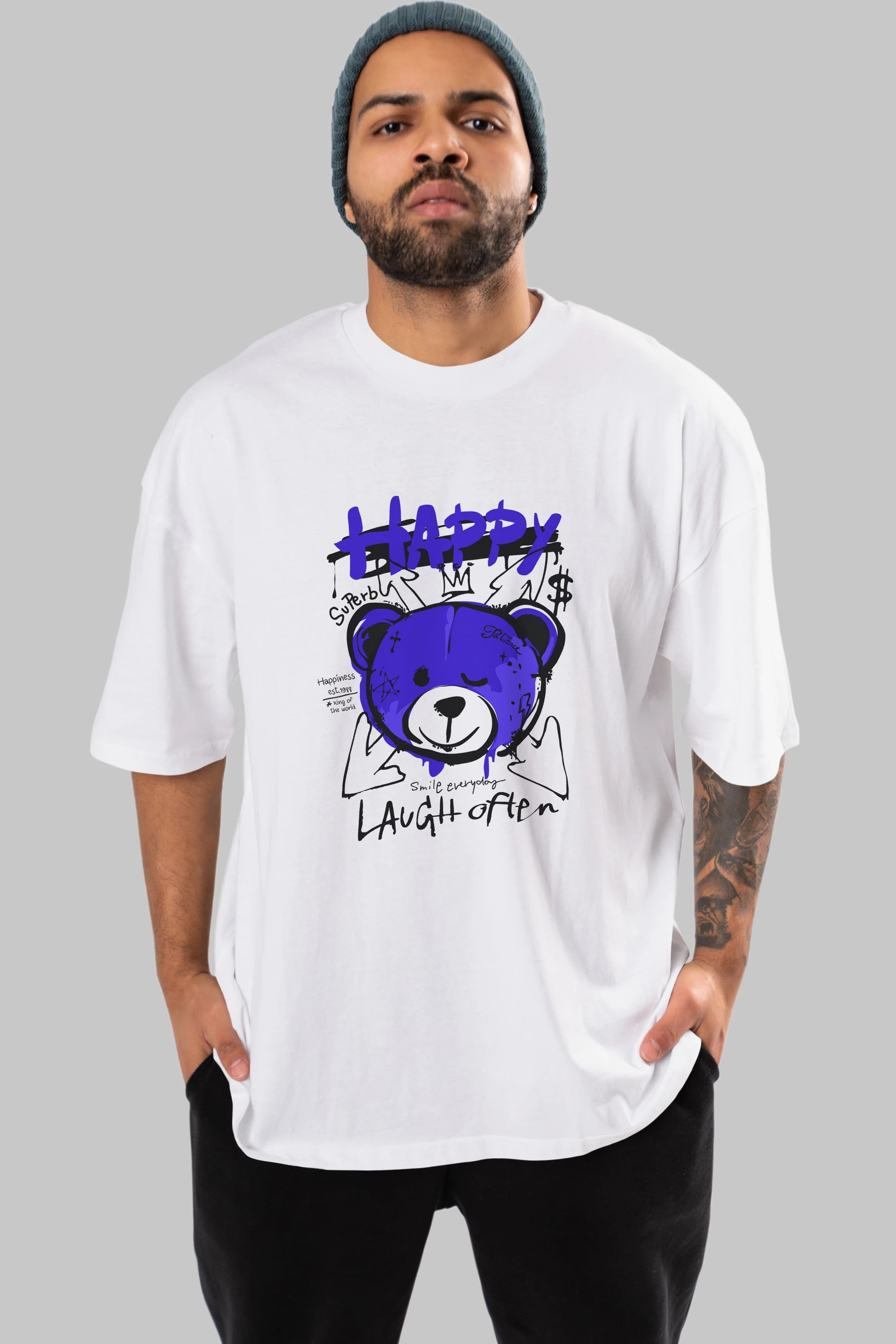 Happy Bear Ön Baskılı Oversize t-shirt Erkek Kadın Unisex