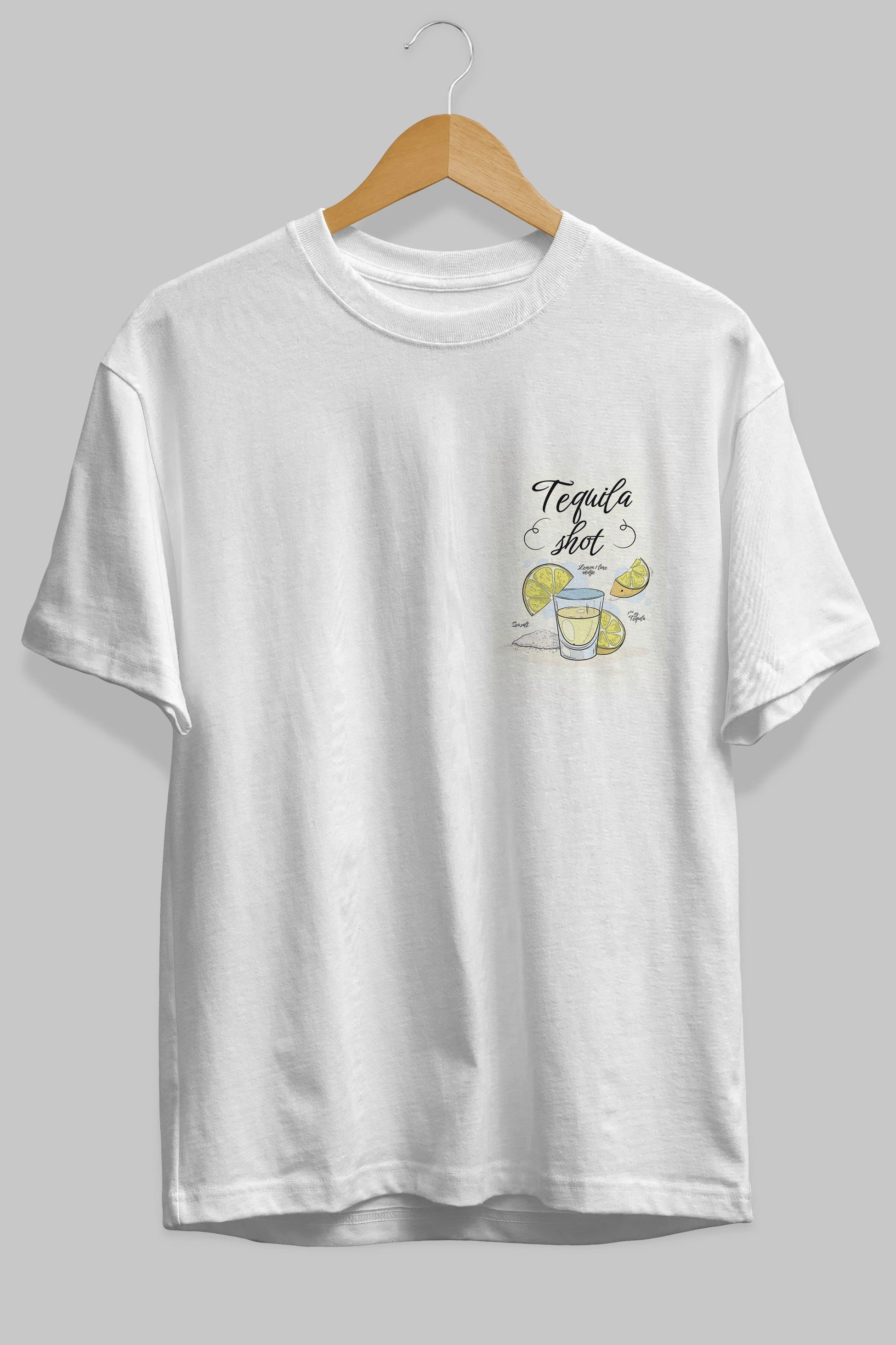 Tequila Shot Ön Sol Baskılı Oversize t-shirt Erkek Kadın Unisex %100 Pamuk Bisiklet Yaka tişort