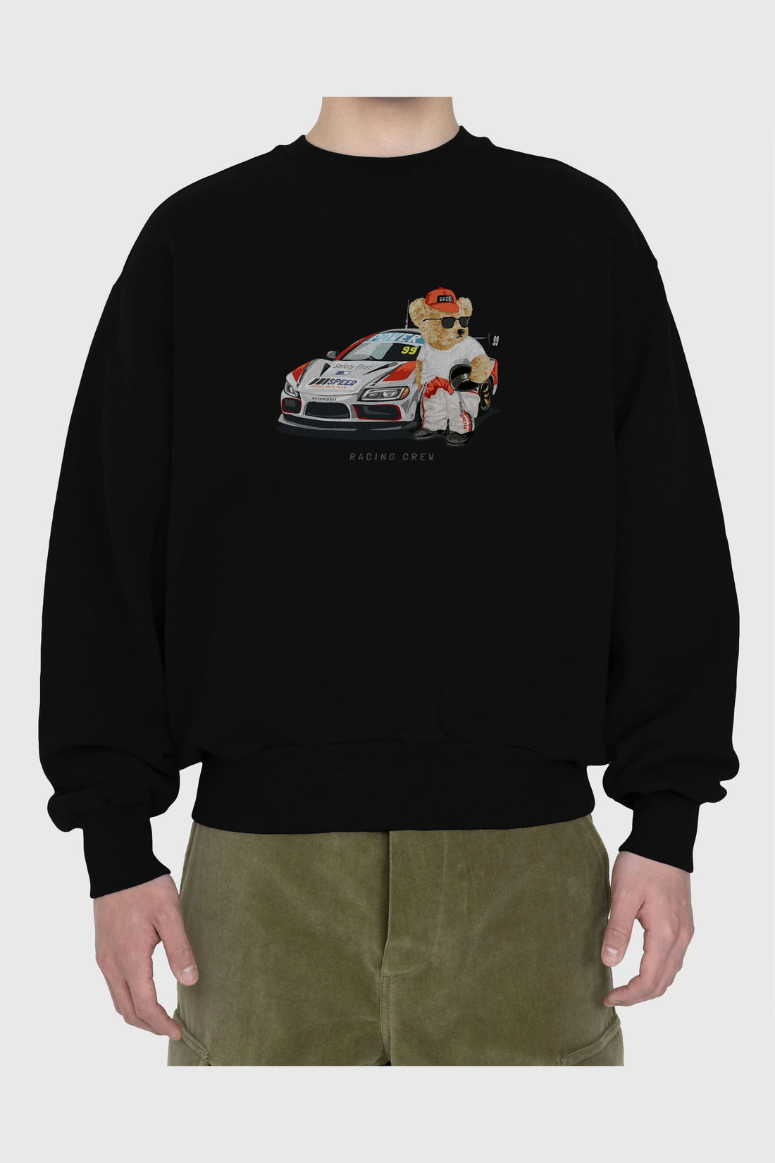 Teddy Bear Racing Crew Ön Baskılı Oversize Sweatshirt Erkek Kadın Unisex