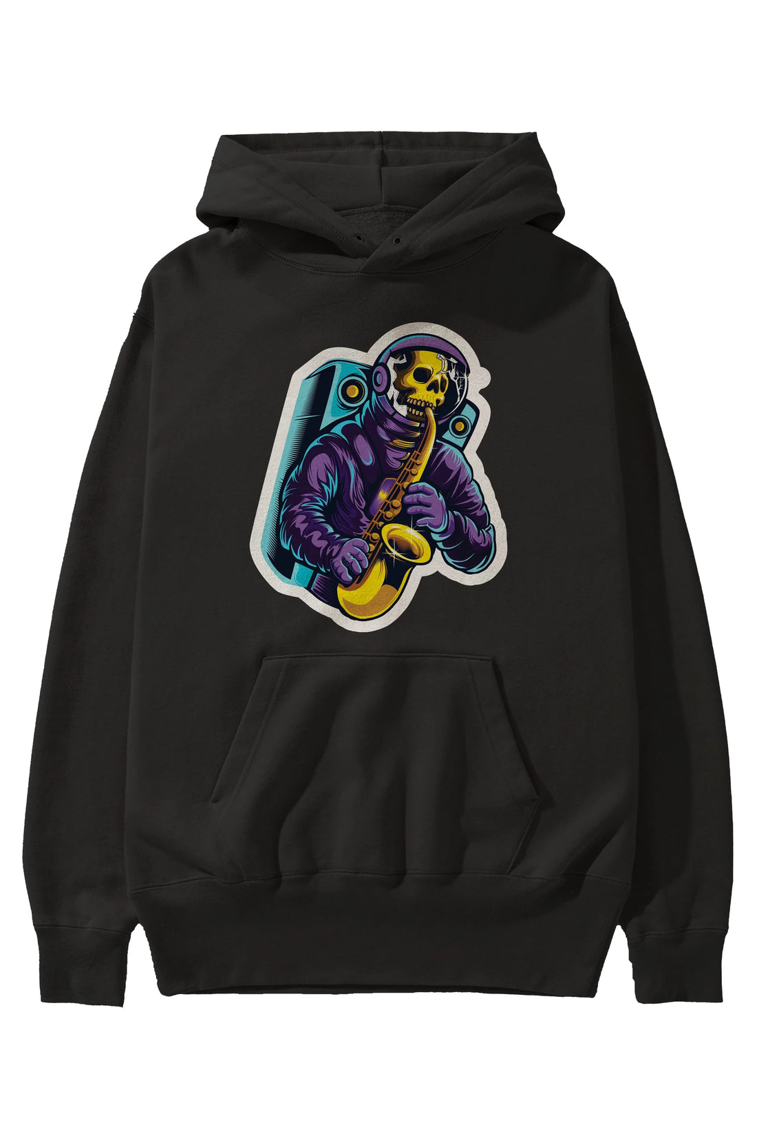 Astroskull Saxophonist Sticker Ön Baskılı Hoodie Oversize Kapüşonlu Sweatshirt Erkek Kadın Unisex