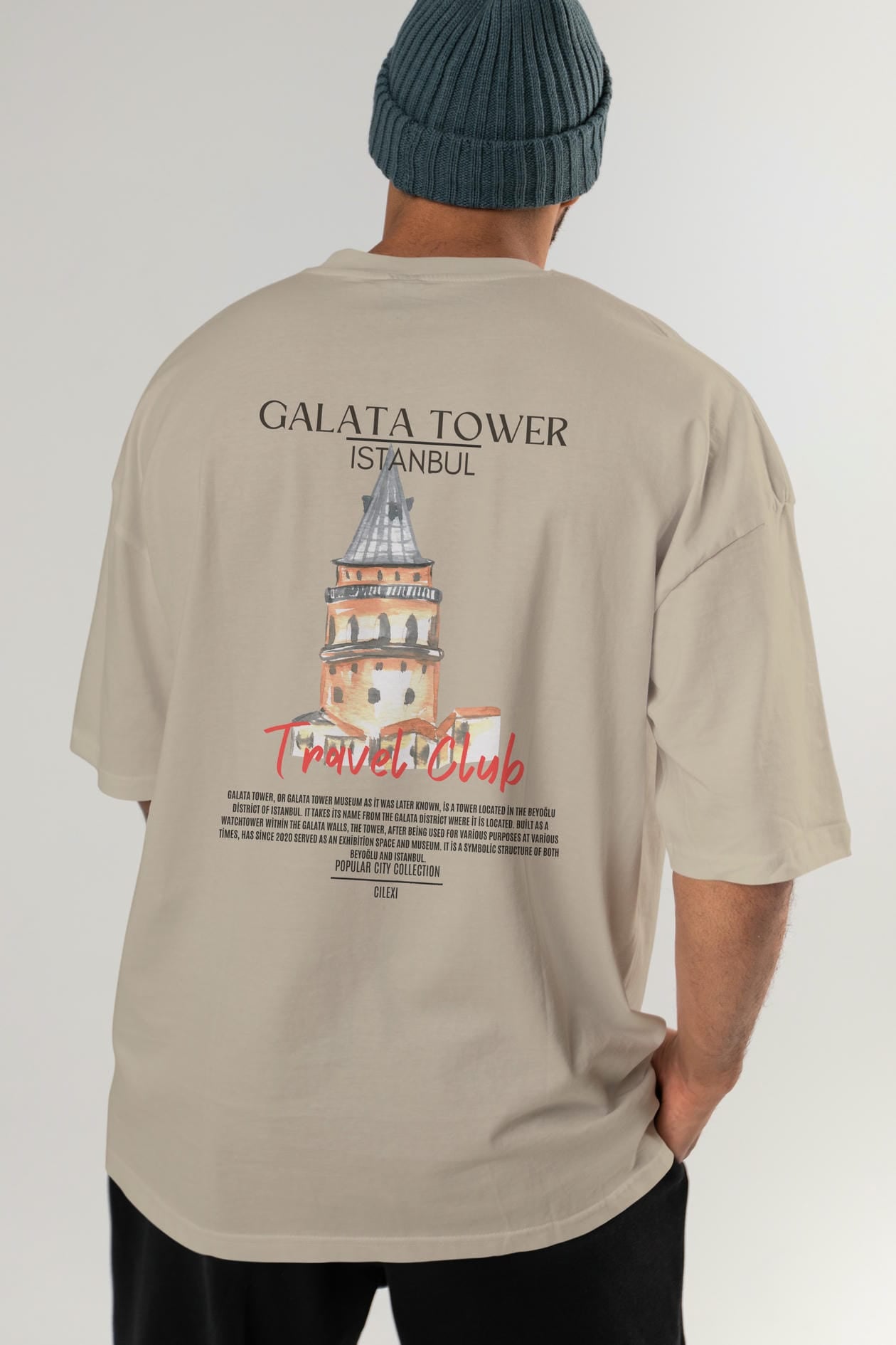 Galata Tower İstanbul Arka Baskılı Oversize t-shirt Erkek Kadın Pamuk Bisiklet Yaka tişort